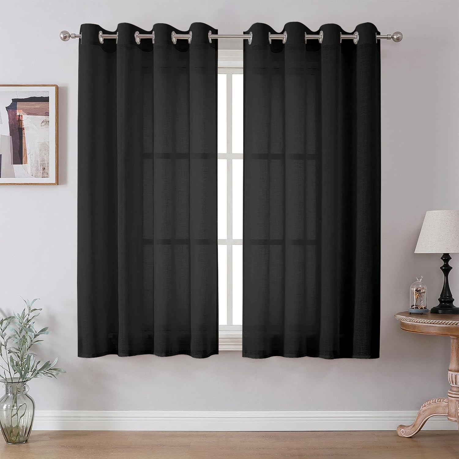 CUCRAF Leinen Voile Vorhänge mit Ösen Lichtfilterung Gardine für Schlafzimmer Wohnzimmer, Schwarz, H160 x B140cm 2er Set