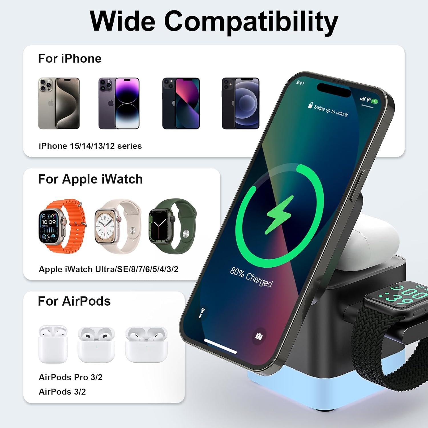 3 in 1 Cube Wireless Charger, Foldable Charger Stand, 15W Fast Wireless Charging Station for iPhone 15/14/13/12 Series, Apple Watch, AirPods (Black)