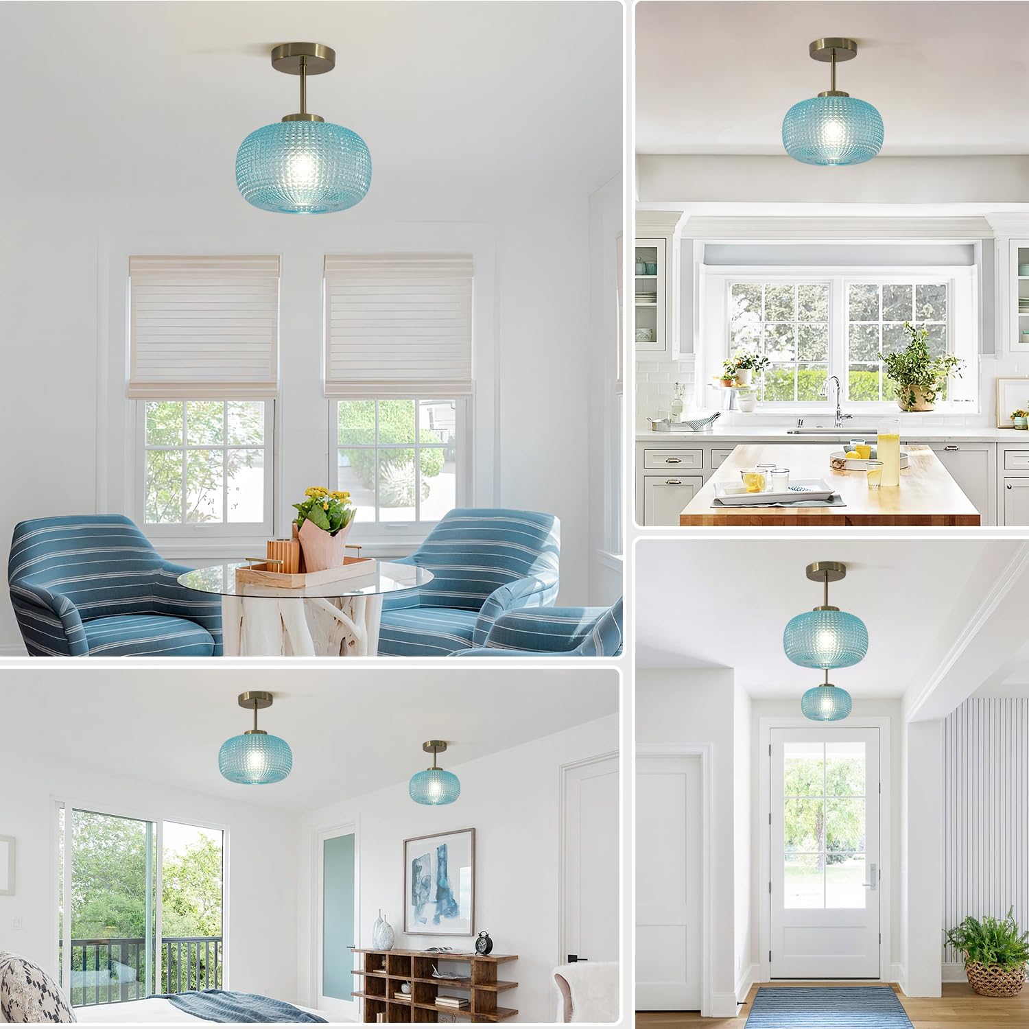 Antique Brass Semi Flush Mount Ceiling Light Blue Glass Flush Ceiling Light Fixture Vintage Brushed Gold Hallway Light Porch Ceiling Light Fixtures Globe Close to Ceiling Light MCL30C