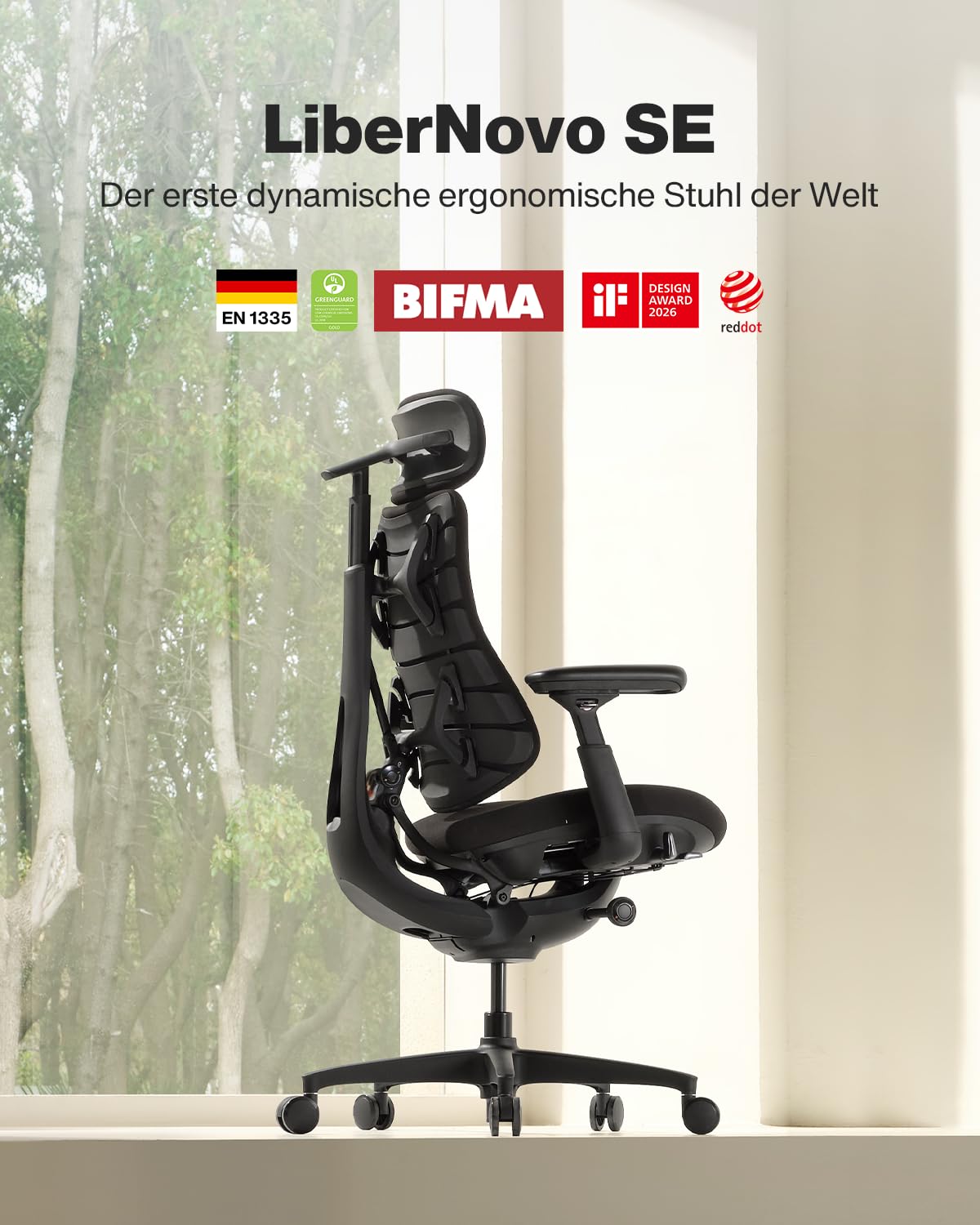 LiberNovo SE Ergonomischer Bürostuhl, Schreibtischstuhl mit manueller Lendenwirbelstütze, 5 Neigungspositionen, Computerstuhl für langes Sitzen, für Homeoffice, Büro und Gaming, Obsidian 48cm