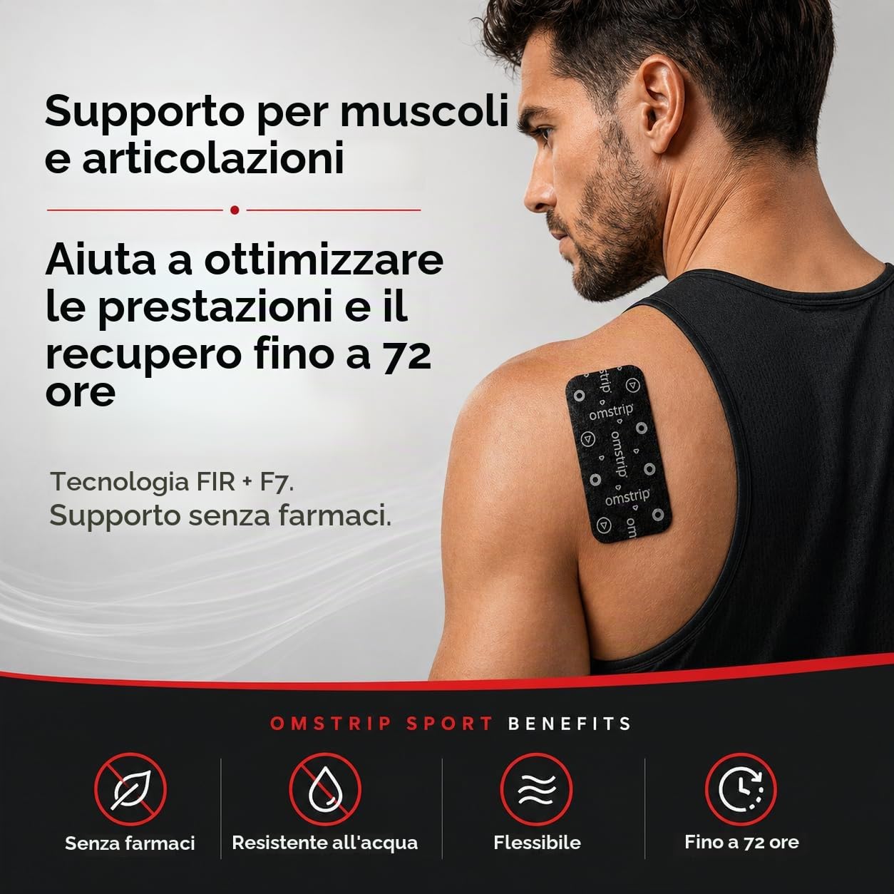 Omstrip Sport Nastro Kinesiologico Bioattivo (4,5m), Supporto Drug-Free di 72 Ore per Aumento Energia, Recupero Muscolare e Riduzione della Fatica, con FIR e Tecnologia F7 Brevettata