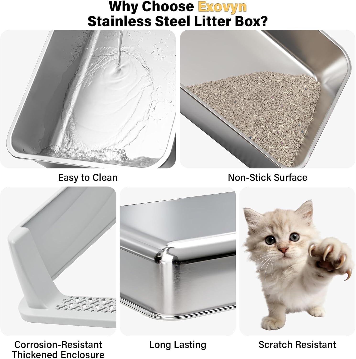 Stainless Steel Litter Box with Lid,Open Top Low Entry Litter Box, Metal Kitty Litter Box for Medium/Small Cats,Odor Control,Anti-Leakage, Non-Sticky, Includes Mat&Scoop,17.5x13.6x8in,