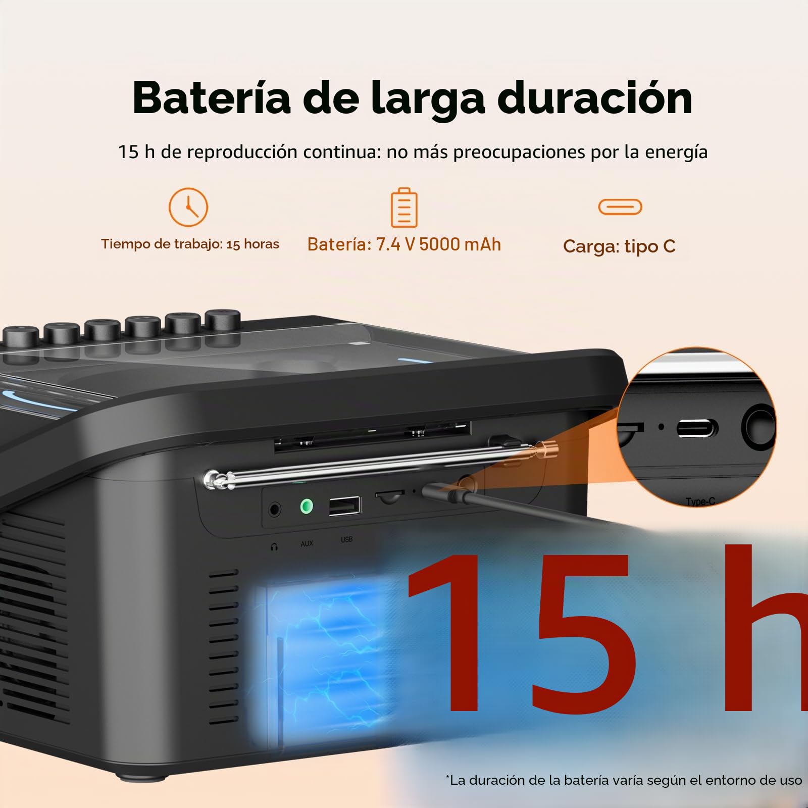 Retekess TR642 Reproductor de CD Portátil, Radio Cassette Portátil, Am/FM, Conectividad Inalámbrica, Batería Recargable de 5000 mAh, USB/AUX/TF, Conector para Auriculares, Apto para Familias