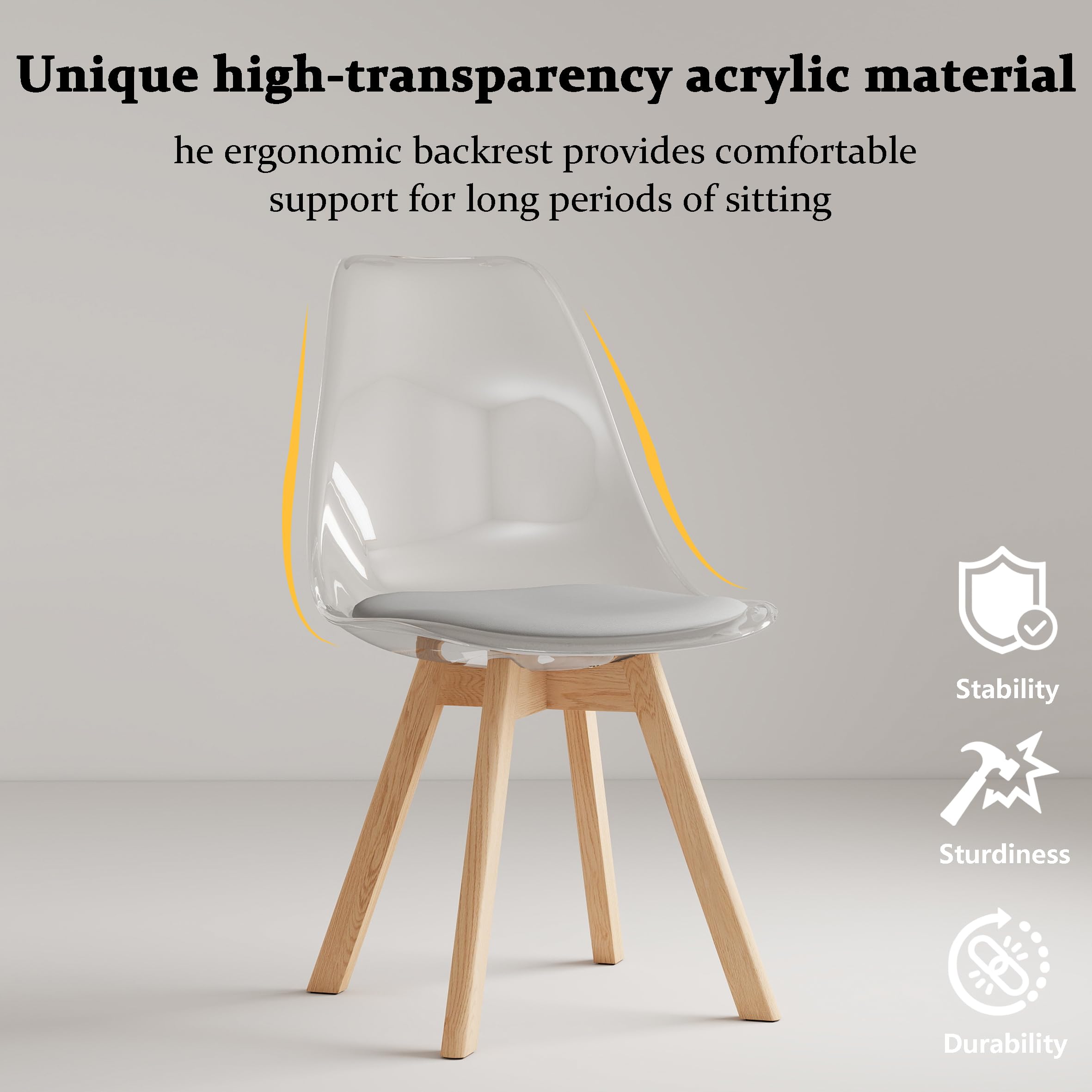 GrandCA HOME Juego de 4 Sillas Nórdicas, Respaldo Transparente,Patas Haya | Silla ergonómica Para Cenas Familiares, Apartamentos y Restaurantes,Almohadón PU, Fácil Limpieza y Montaje Rápido,Gris - PU