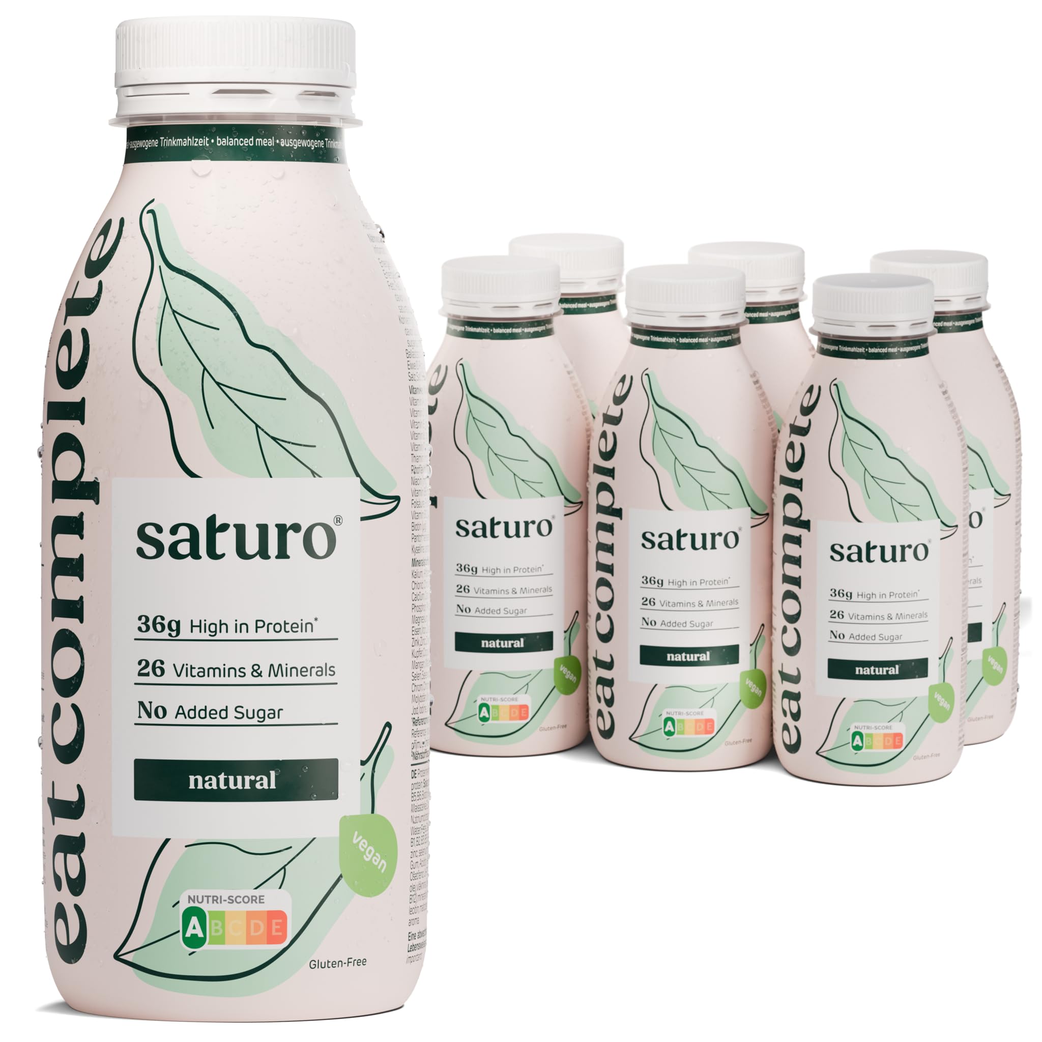 Saturo Pasto Sostitutivo Frullato Gusto Natural | 36 g di proteine & senza zucchero | 400 kcal | Vegano | Pasto Bevibile con Nutrienti Essenziali | 6 x 400 ml