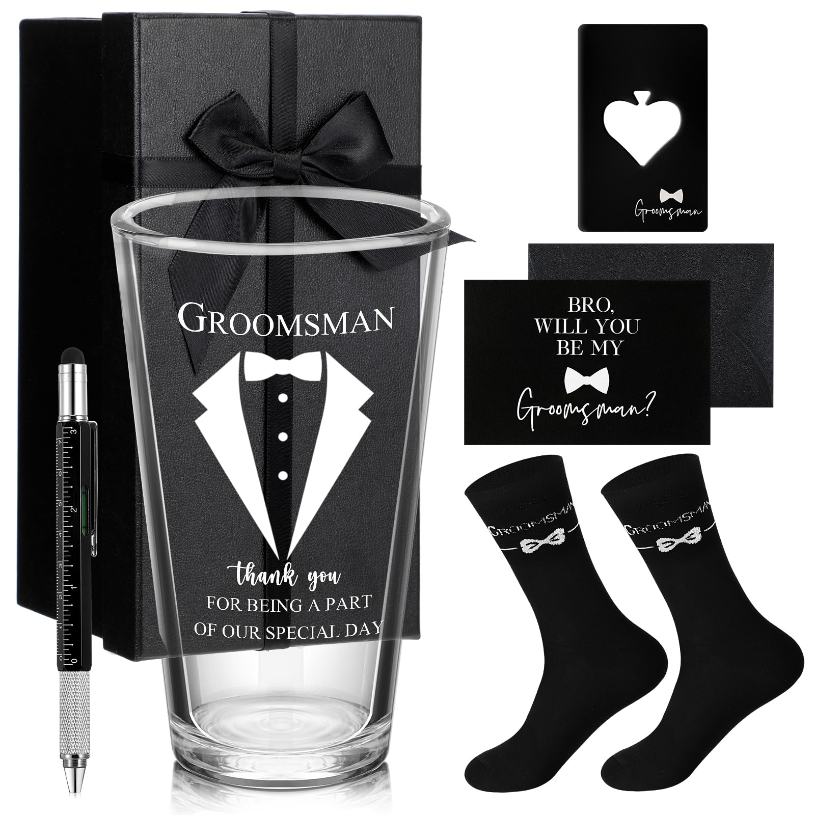 Qinyoung 7 piezas de regalo para padrinos de boda, regalo de propuesta de boda, 16 onzas, abrebotellas de vaso de cerveza, calcetines, multiherramienta, bolígrafo con tarjeta de felicitación, caja de