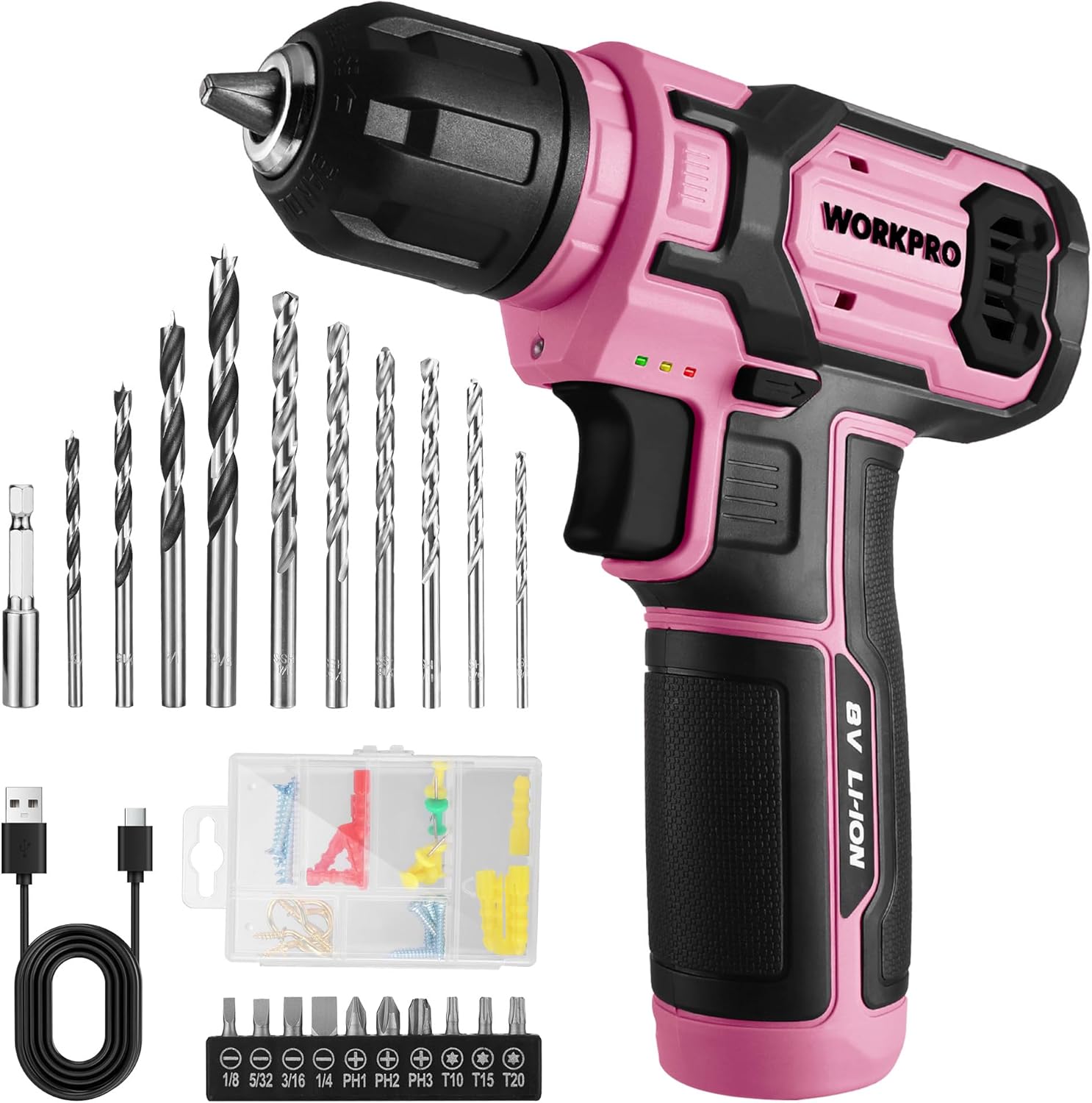 WORKPRO Pink Power Drill Set, 8V Cordless Drill Driver Set with 53pcs Bit Set, 2.0Ah Electric Cordless Drill Kit with 3/8" Keyless Chuck and Variable Speed Trigger, Portable Drill for DIY- Pink Ribbon
