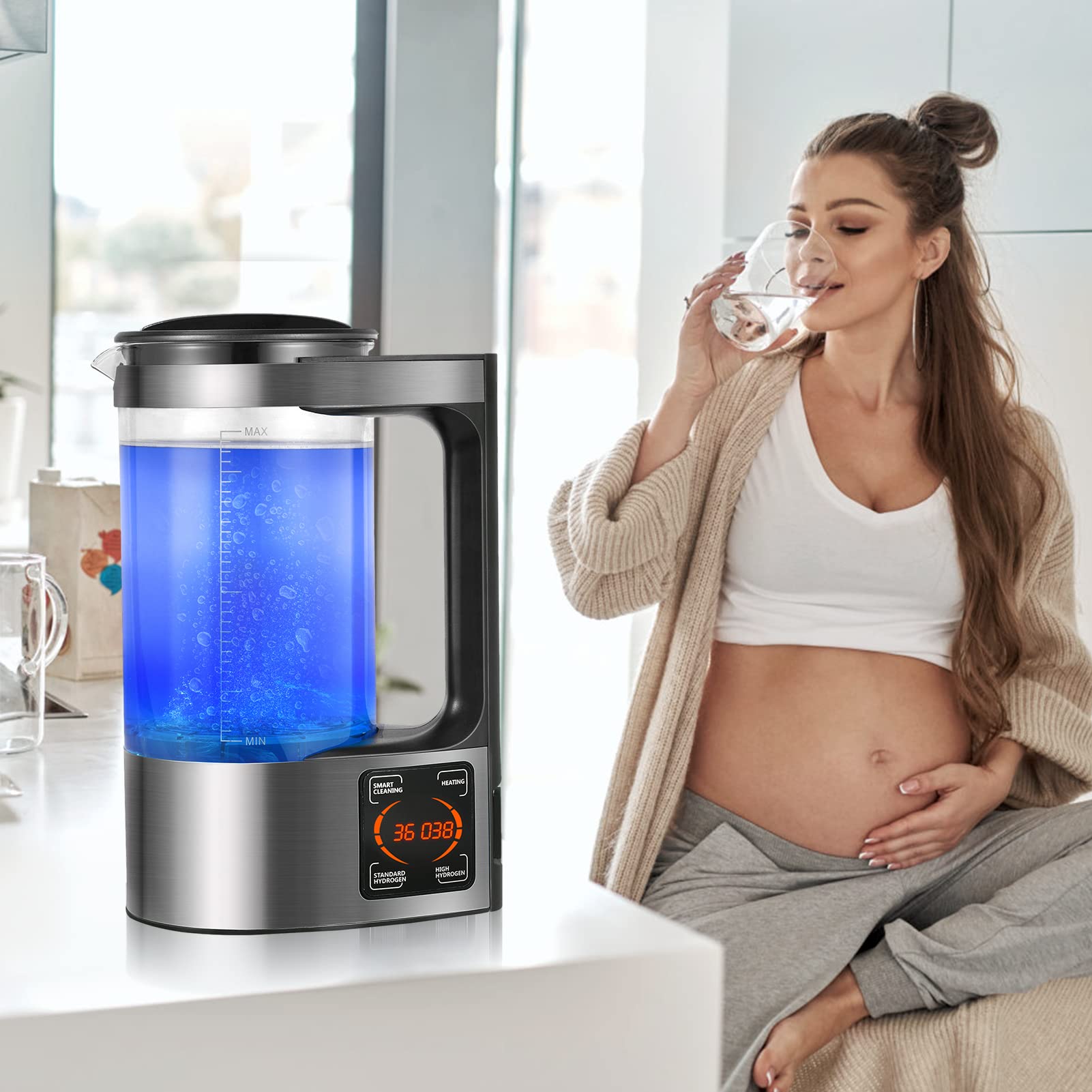 Generatore di Acqua Idrogenata, 2L Grande Macchina Acqua Ricco d'Idrogeno, Portatile, ionizzatole con Display LED e Termostato per Uso Case e Aziende