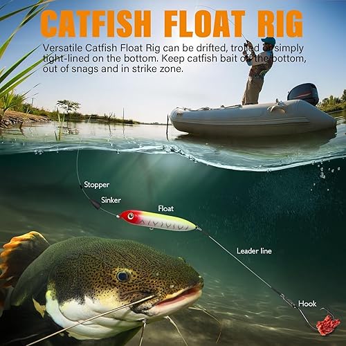 Miniatura 4 de Dovesun Aparejos de bagre con línea de traqueteo de bagre, flotador Santee Rig con ganchos circulares para pesca del gato, 2 objetos punzantes 60 70