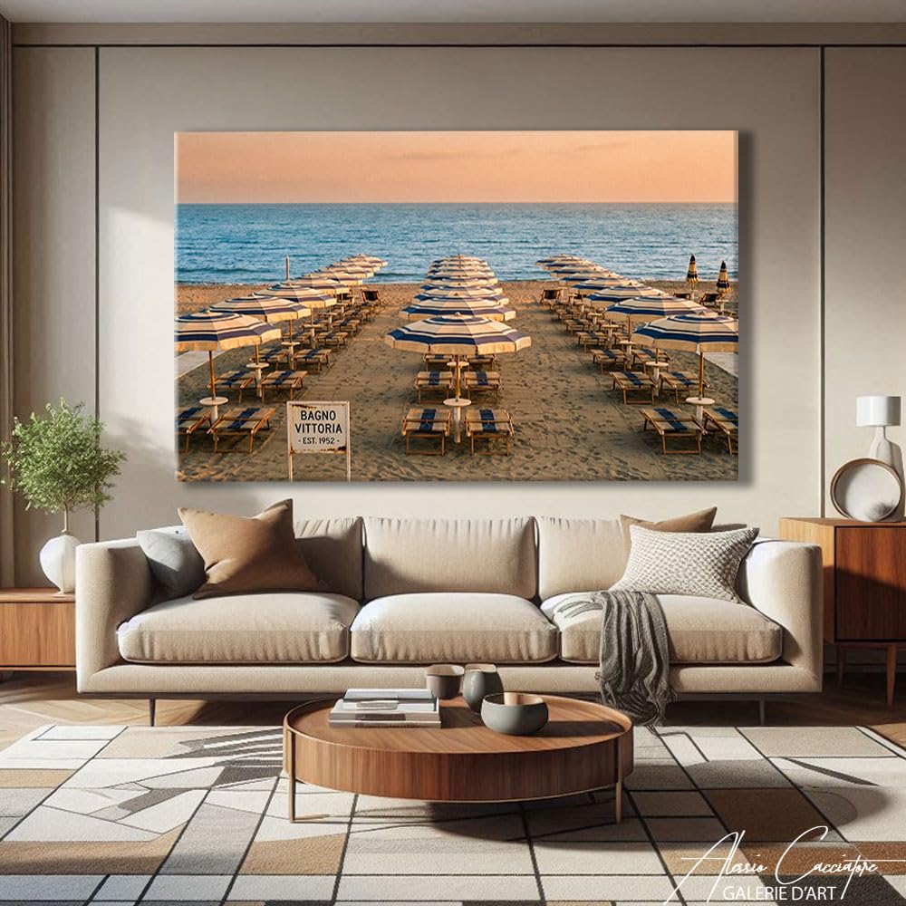 Alessio Cacciatore Quadro da spiaggia in sabbia – Poster decorativo da parete con tramonto, stampa su tela, paesaggio naturale, quadro di bordo del mare, grande formato, cornice decorativa da parete