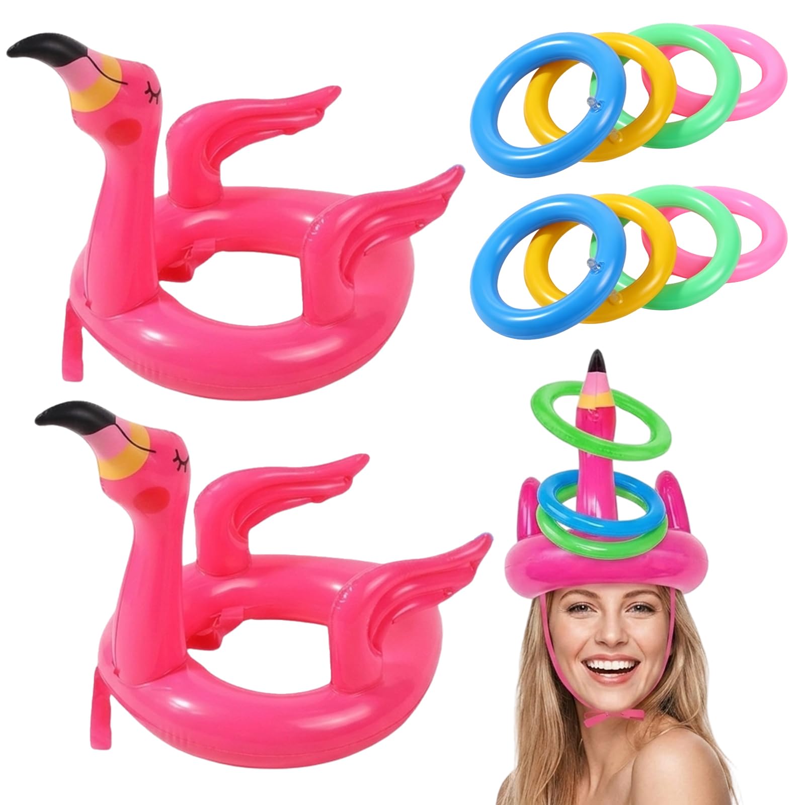 2 Sets Inflatable Ring Toss Game, Inflatable Flamingo Hat Toss with 8 Rings, Pool Games & Pool Party Decorations for Indoor Outdoor Gatherings