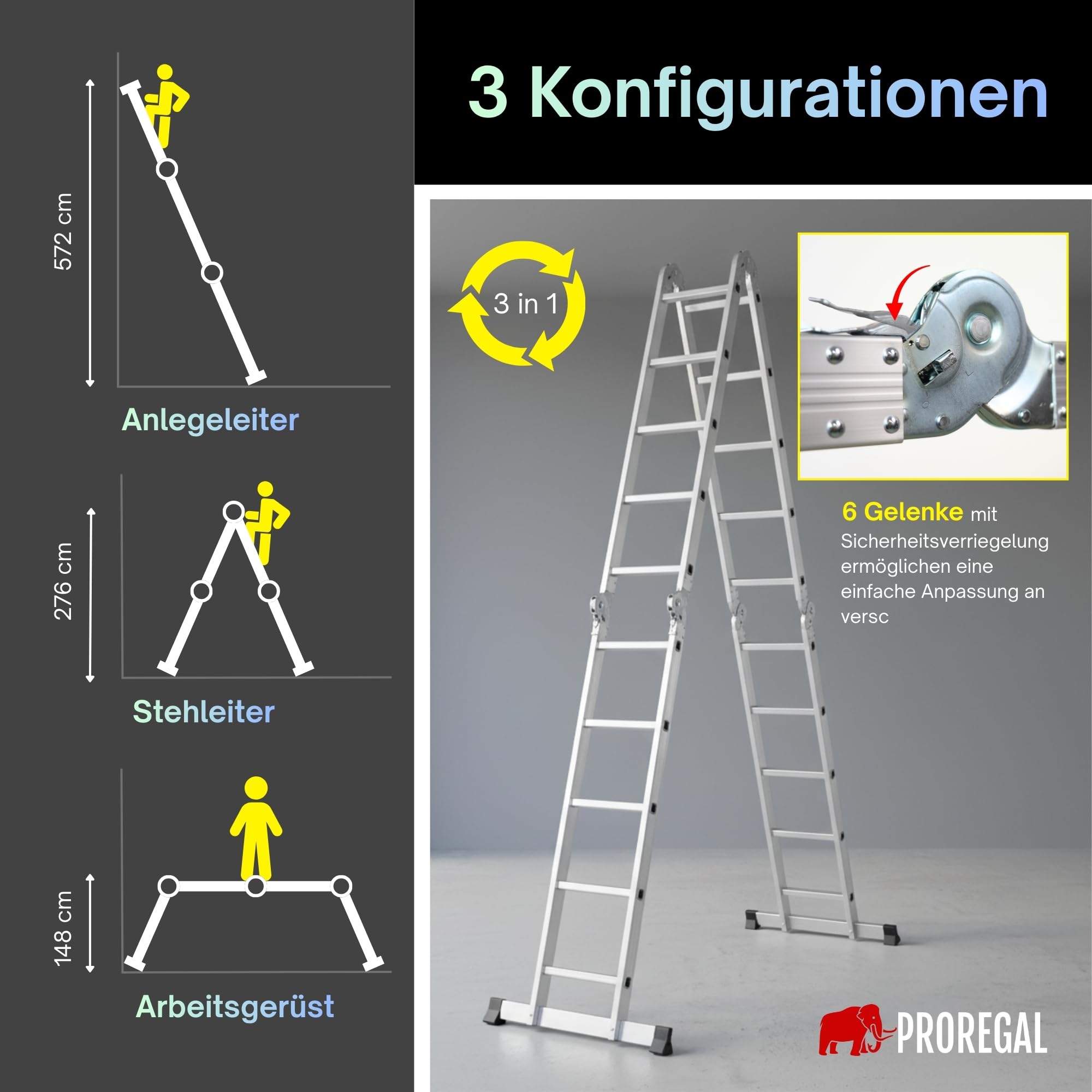 PROREGAL Scala multiuso a pioli MULTISTEP, 4 sezioni in alluminio, 4x5 pioli, altezza fino a 5,7 m, portata 150 kg, ponteggio di lavoro, scala a pioli, scala a pioli appoggiata