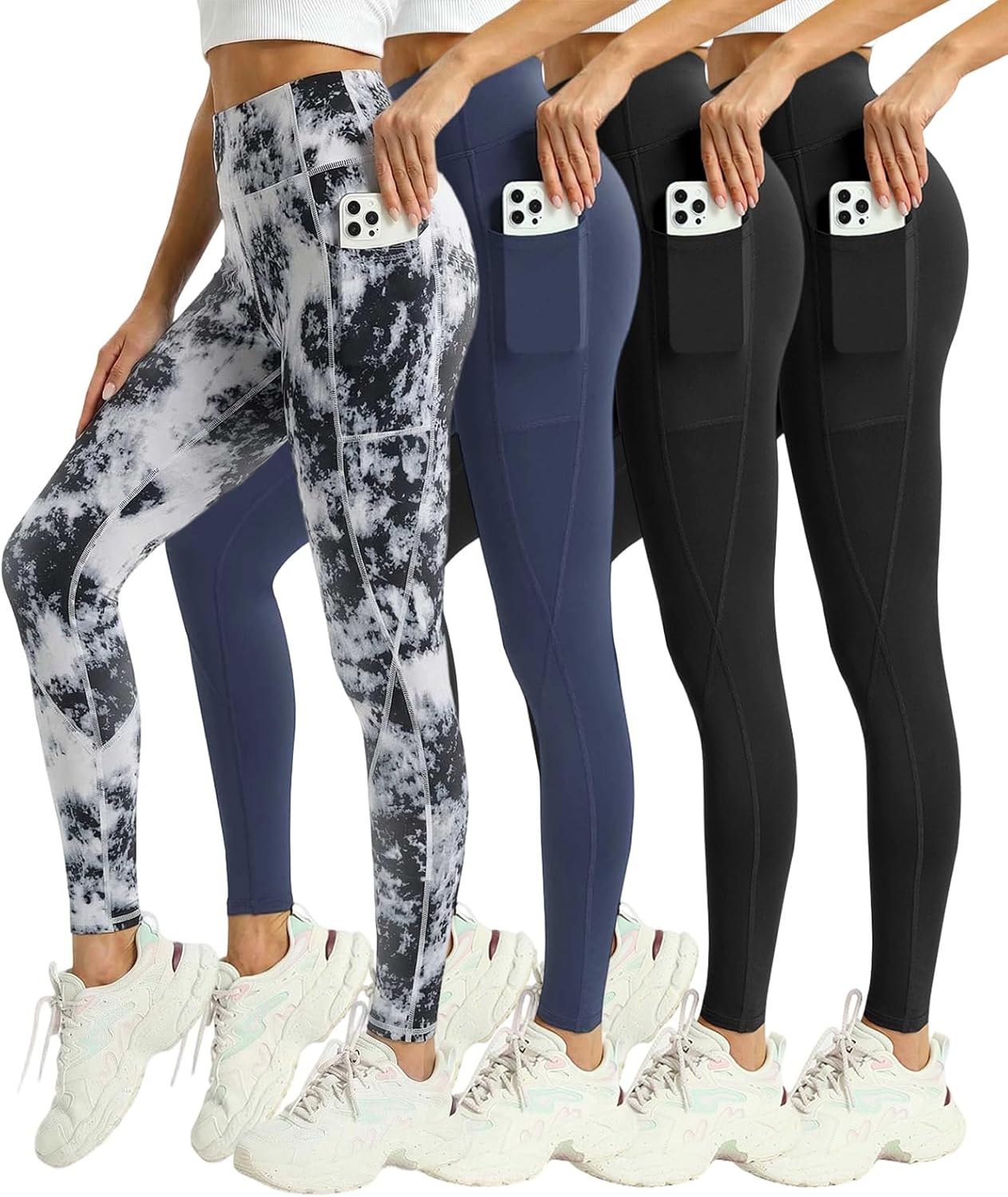 4 Pack Leggings with Pockets for Women - High Waisted Tummy Control Workout Yoga Pants