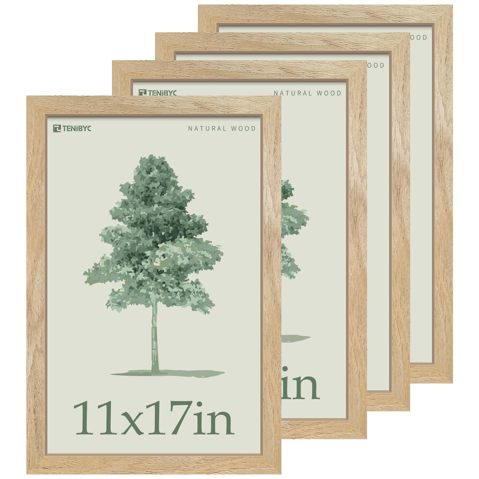 11x17 Picture Frame 4 Pack, Natural Solid Wood Poster Frame with HD Tempered Glass, Elegant Wood Grain, Wall Hanging