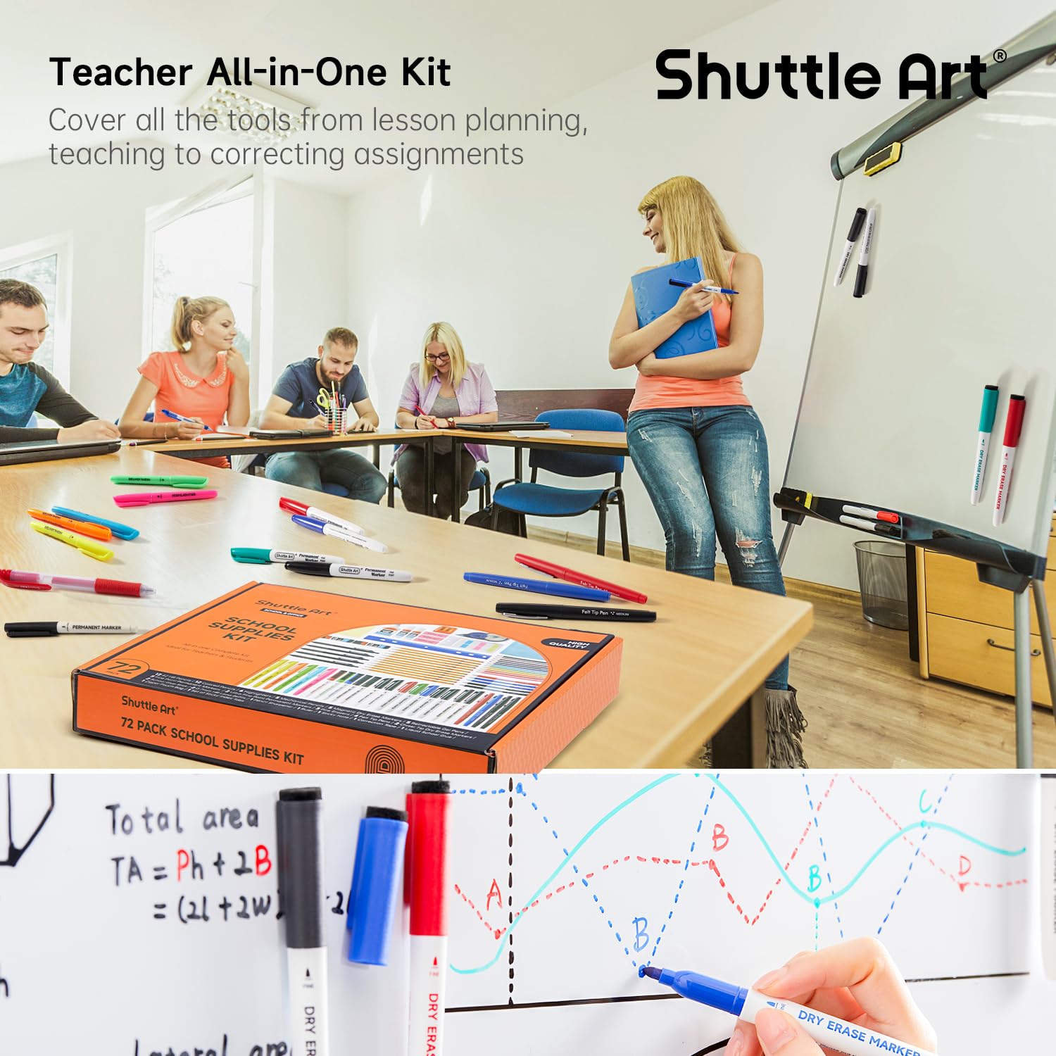 Shuttle Art Zestaw przyborów szkolnych, 71-częściowy, przybory szkolne dla nauczycieli, gimnazjów, przybory szkolne z zakreślaczami, ołówkami, pisakami żelowymi, markerami zmywalnymi na sucho,