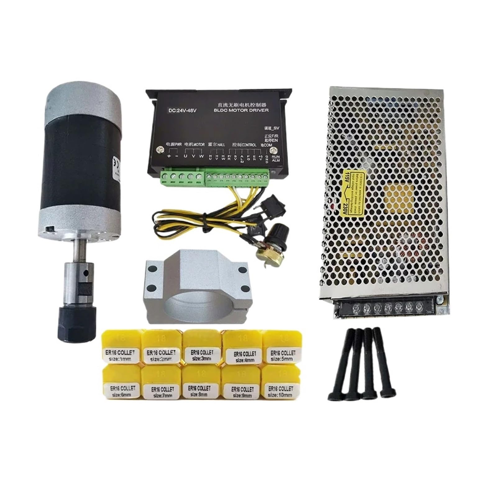 JJKKOZVQF Brushless Spindle 200W 0.3Nm 0.2KW 48V 6000RPM Sensor ER16 Collet 55mm Clamp Bracket Power Supply for Cnc Router(55mm Clamp Bracket)