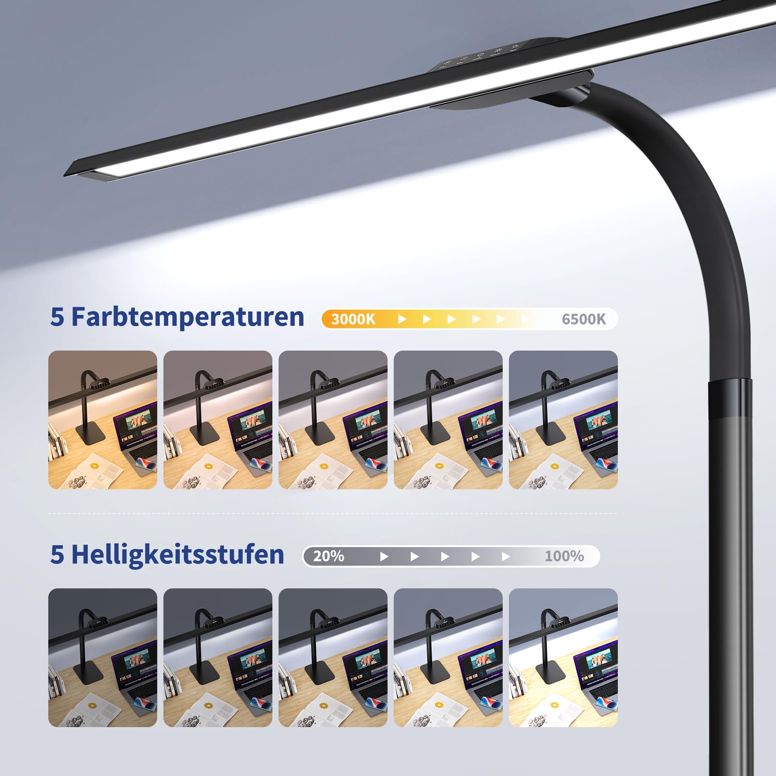 Kary Lámpara de escritorio LED con base, 24W 80cm 1800Lumen Lámpara de luz diurna regulable ultra brillante con Standfu para oficina, trabajo, diseño, arquitecto, regulación automática