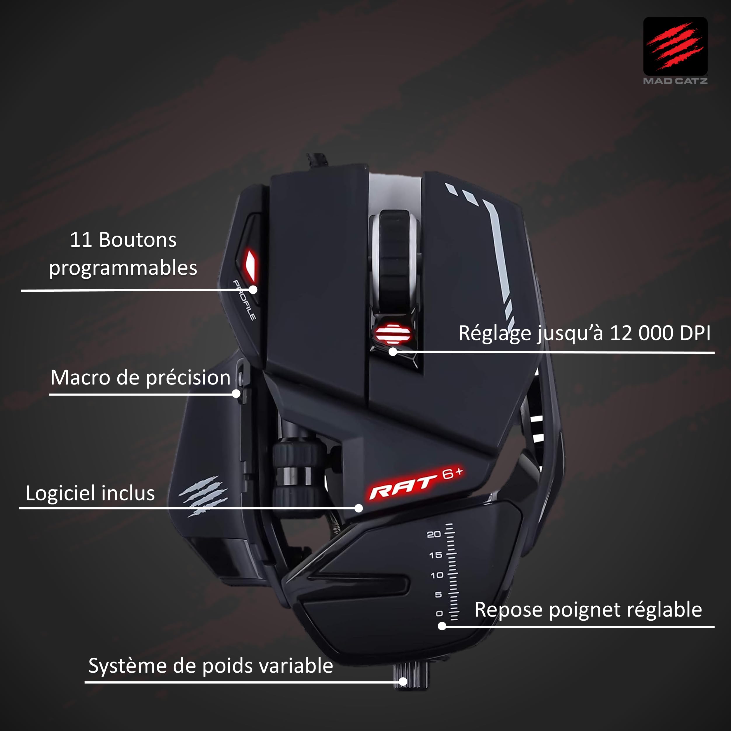 Mad Catz Rat 6+ Souris Gamer Filaire USB - Souris Ergonomique 11 Boutons Programmables - Capteur Optique Pixart3360 12000 DPI - Souris Gaming Pour PC Noir RGB Et Repose Poignet Reglable