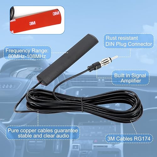 Miniatura 2 de Antena de radio universal para automóvil, AM FM, antena de parche de montaje adhesivo para parabrisas oculto con cable y conector de enchufe DIN