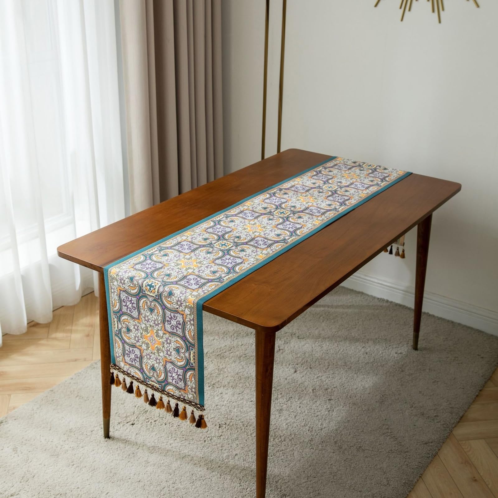 Chemin de Table Mariage 35x180cm, Chemin de Table Champetre Jacquard À Motif Ethnique avec Pompons