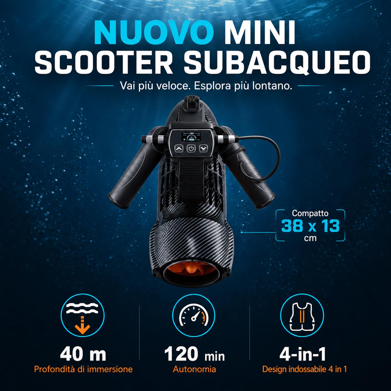 Sea Scooter 650W, velocità 7 km/h e profondità 40 m, Spinta Potente per Allenamento in Piscina Adulti, Snorkeling, Attrezzatura Subacquea e Alternativa ai Gonfiabili da Piscina