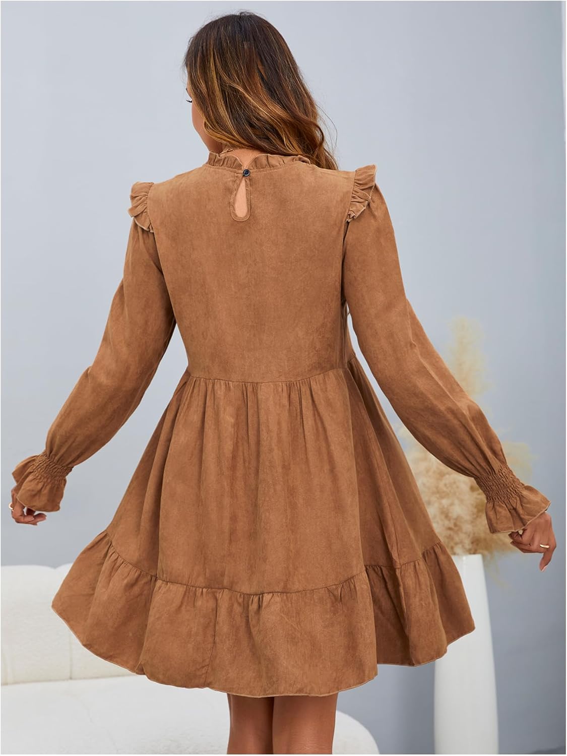 MakeMeChic Women's Ruffle Smock Dress Long Sleeve Mock Neck Shirred Frill Trim Short Dresses - Image 2