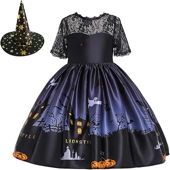 MYRISAM Kids Girls Halloween Costume Dress w/Witch Hat Ghost Pumpkin Skull Printed Fancy Dress Up Cosplay Party Outfits
