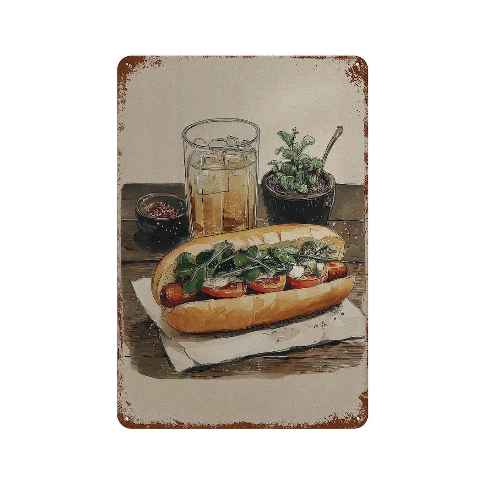 xiaoxiaoshen Kitchen Handdrawn Hot Dog Wall Decor Art Metal Tin Poster Modern Home Decor Art Home Bar Shop Decorations Vintage Sign 30x20cm