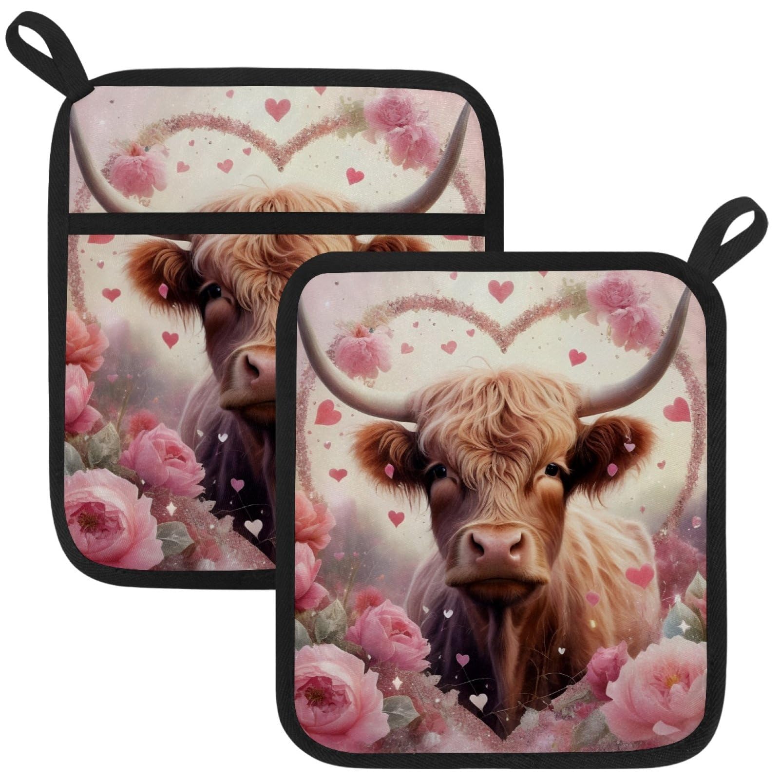 VAPOKF Pink Highland Cattle Pot Holders with Pocket for Kitchen Heat Resistant Potholders Large Polyester-Cotton Square Oven Mitts Set