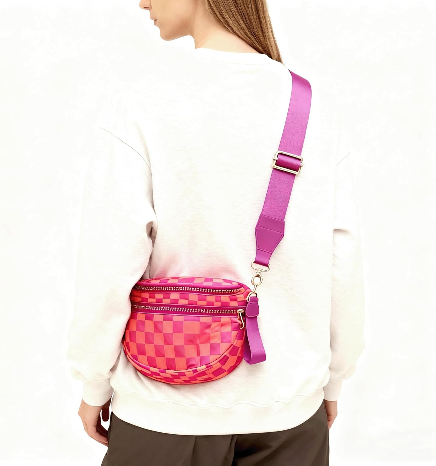 Orange and Pink Checkered Purse Checkered Purse Waist Pack Fanny Packs Plaid Gingham Crossbody Shoulder Handbag for Women(Orange Pink)