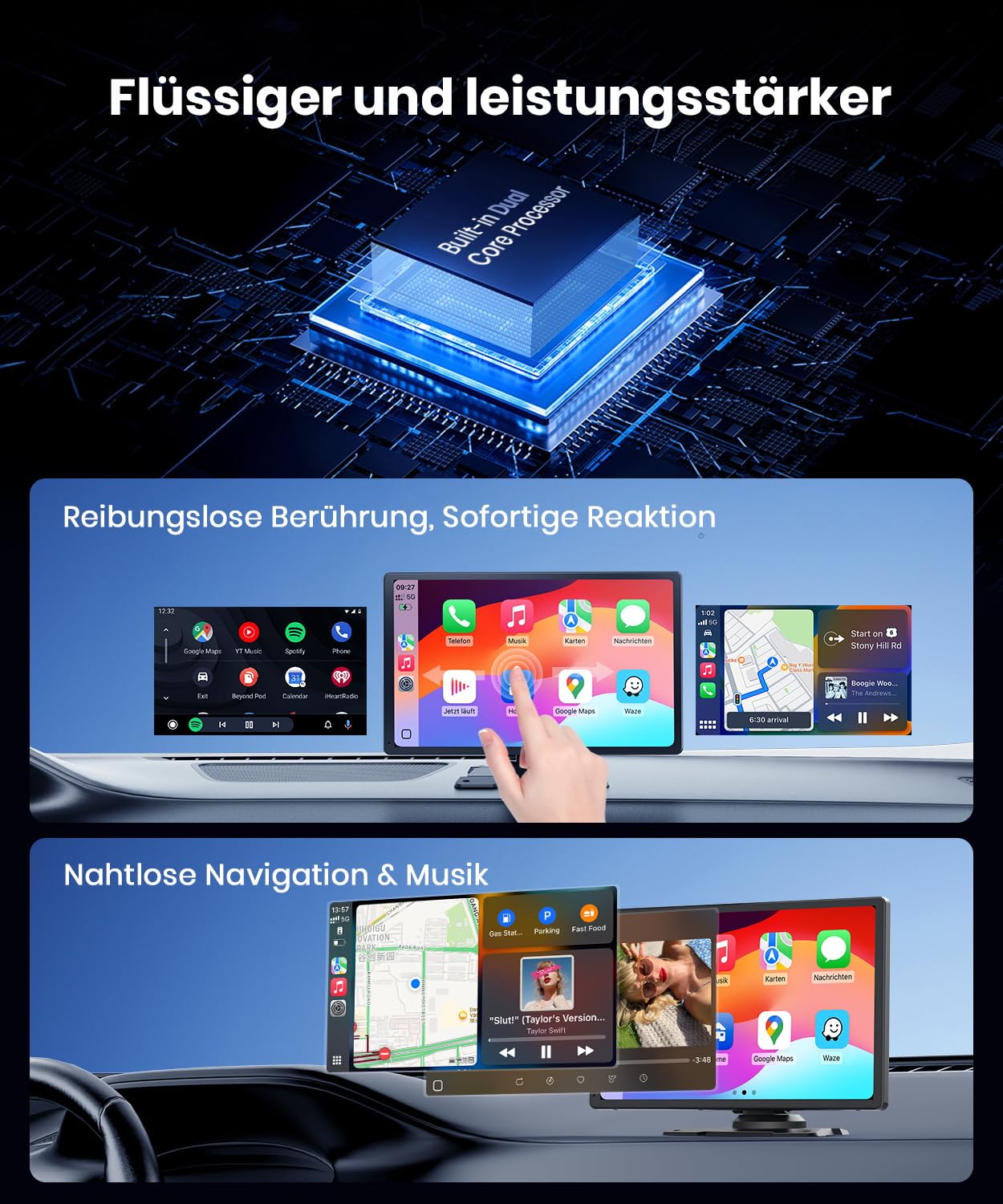 Foxpark 9.26-Zoll CarPlay Display mit IPS Touchscreen, kabelloses Apple CarPlay & Android Auto,Bluetooth 5.0, Mirror Link,FM/AUX,einfache Plug & Play Installation für ältere Fahrzeuge