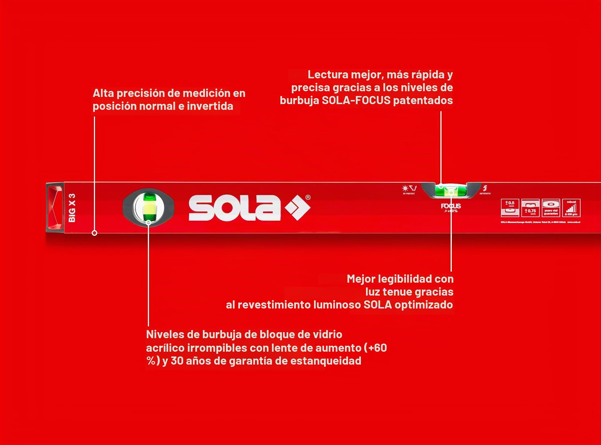 Sola BIGX200 - Nivel de burbuja de aluminio BIG X (2000 mm)