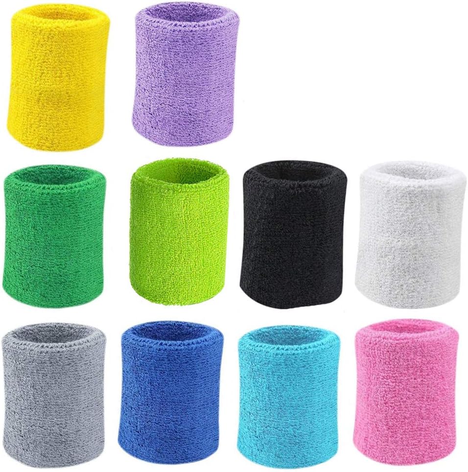10 Pairs Sports Wristbands, Wrist Sweatbands for Men & Women, Stretchy & Sweat Absorbing Cotton Terry,Perfect for Basketball, Football, Tennis, Soccer, Running & Working Out