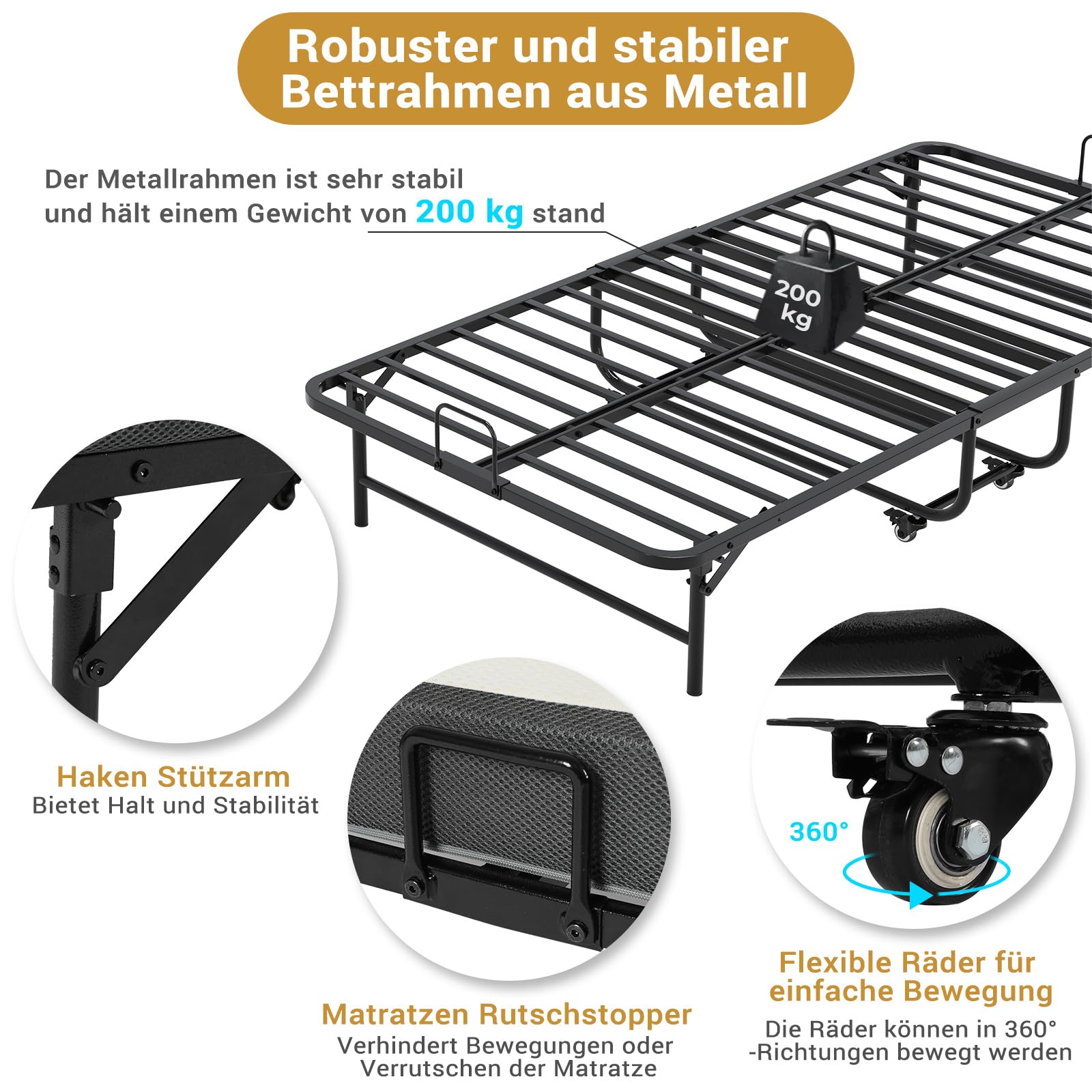 Brinlawb Gästebett Klappbar 90x200 cm mit 10cm Dicker Schaumstoff Matratze Klappbett 90x200 Erwachsene Langlebiger & Robuster Metallbettrahmen mit 4 Laufrollen Faltbares Reisebett bis 200 kg belastbar