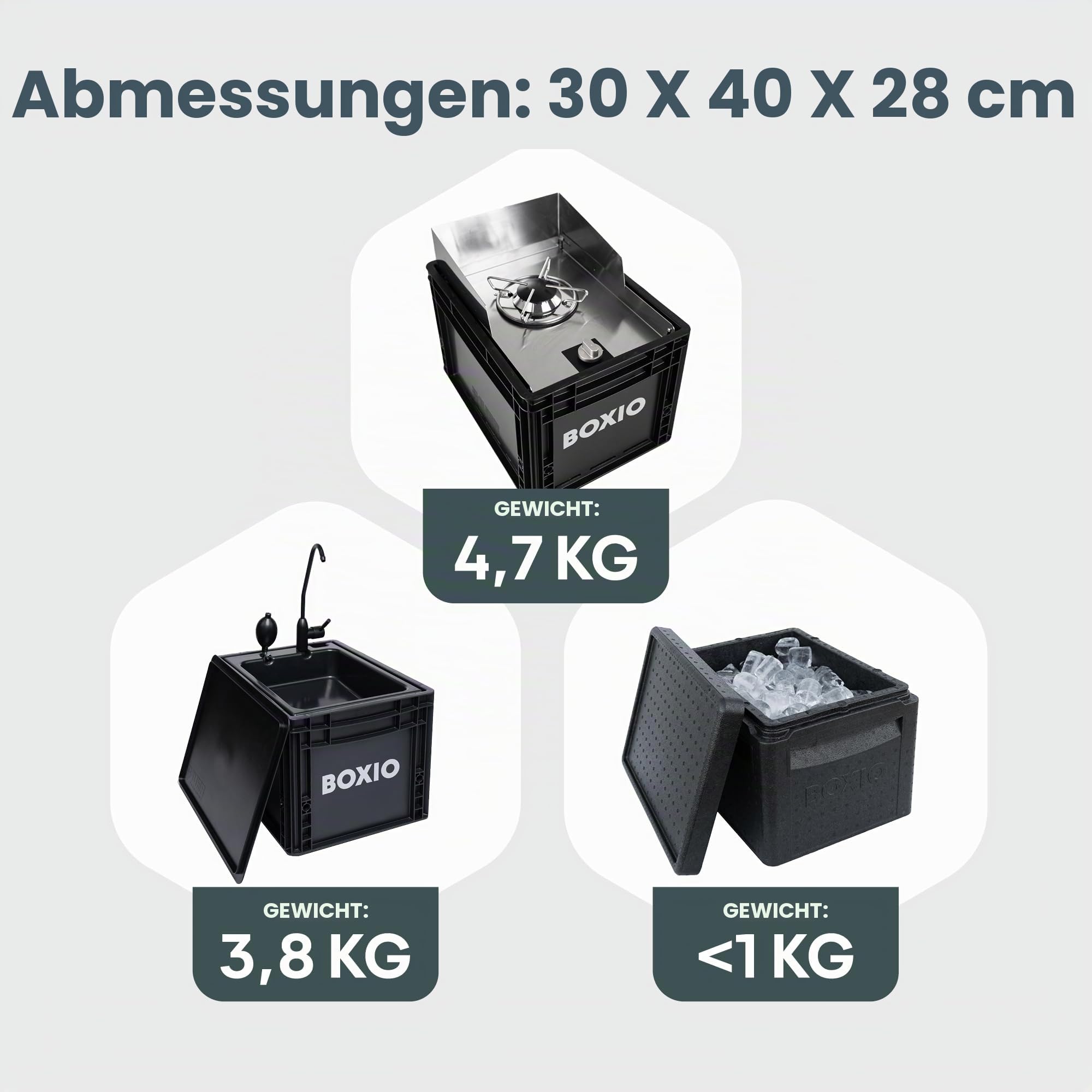 BOXIO - Kitchen Bundle: Mobile Campingküche ohne Strom mit Kochbox, Waschbecken & Gaskocher mit Outdoor Zubehör Schneidbrett, Kühlakkus, Sitzkissen UVM. Perfekte All-in-one Lösung