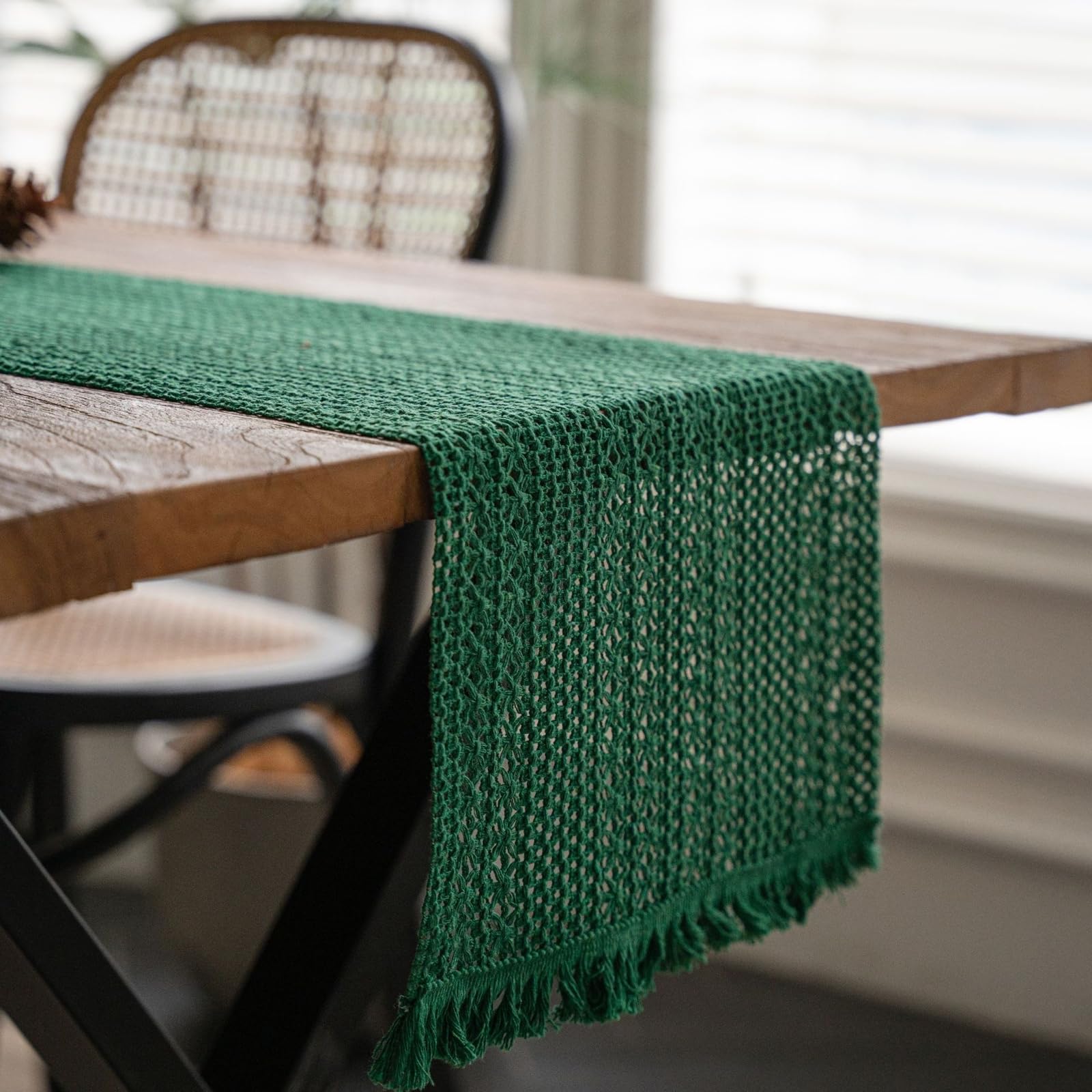 Grün Tischläufer Baumwolle Leinen, Makramee Boho Tischläufer Deko Abwaschbar Tischband Einfarbig Gewebter mit Quasten Tischdecke für Küche Esszimmer Hotels Tischdeko, 30x450 cm, Grün