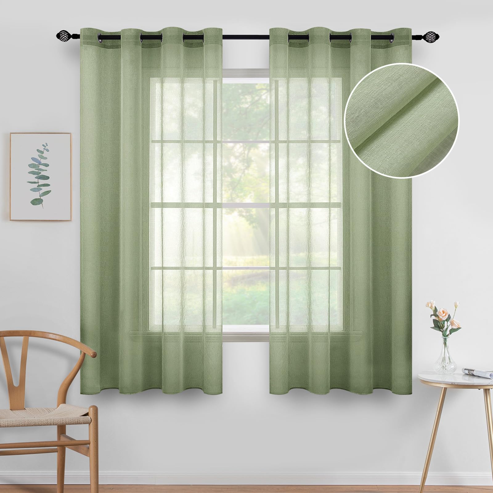 MIULEE 2 Panels Sage Green Semi Sheer Window Curtains Spring Elegant Grommet Top Window Voile Drapes/Treatment Linen Textured Light Green Panels for