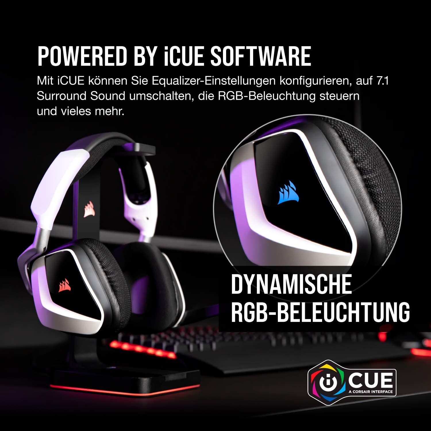 Corsair Void RGB Elite Wireless-Gaming-Headset – 7.1-Surround-Sound, Omnidirektionales Mikrofon – Mikrofaser-Netz-Ohrpolster – 12 Meter Reichweite – iCUE-Kompatibel – PC, Mac, PS5, PS4 – Weiß