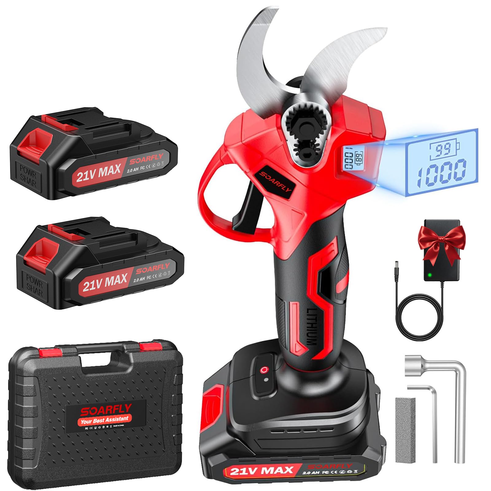 SOARFLY Tijeras de Podar Electricas Inalámbricas, Motor Brushless 450W, Corte Ajustable 35 mm, 2 Baterías 21V 2000mAh, Pantalla LCD, Tijeras de Poda para Árboles Frutales y Jardín, Rojo