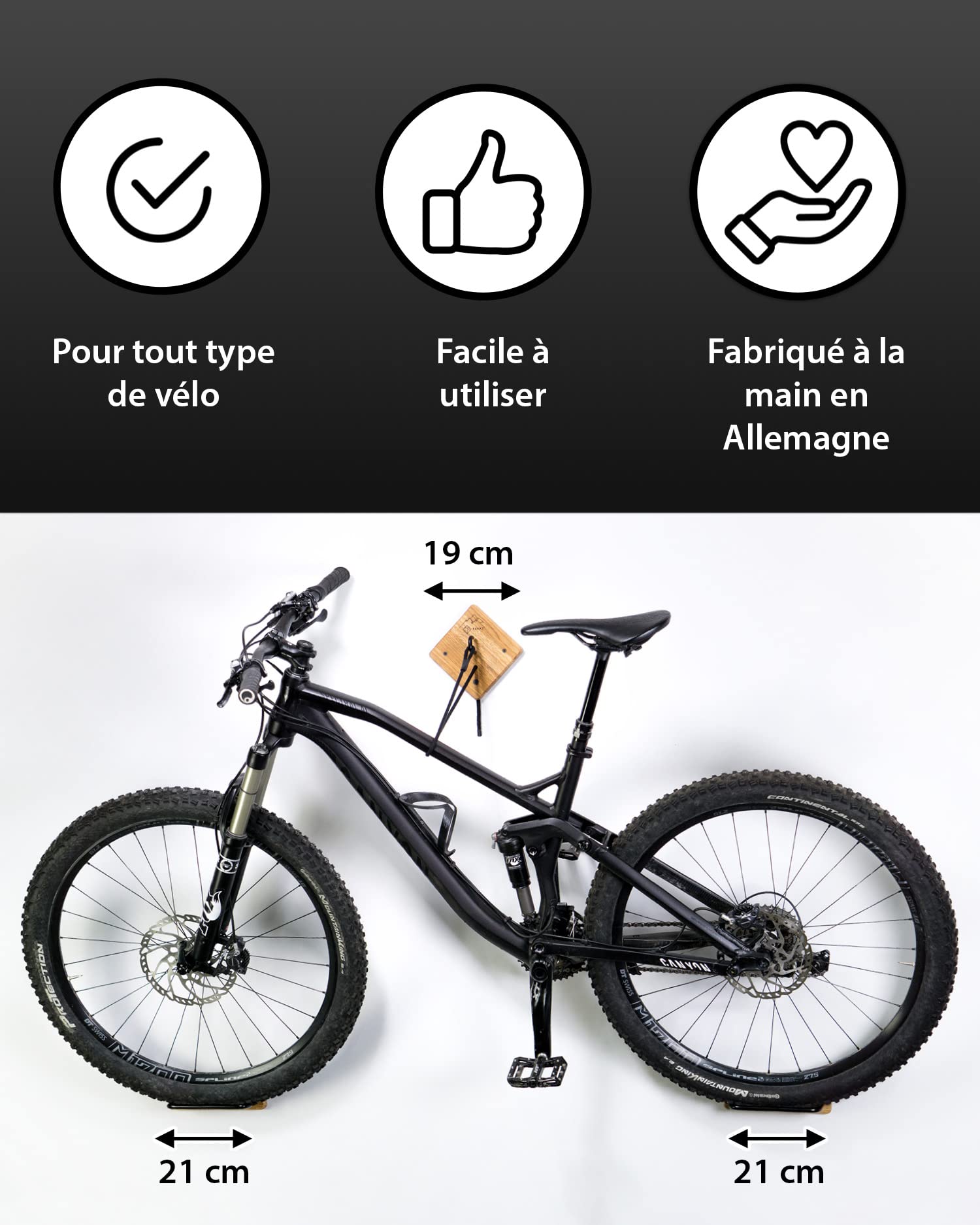 Support de vélo PARAX - Support Mural pour vélo - Rangement de vélo intérieur - pour VTT, vélo électrique, vélo de Ville, vélo de Course, vélo Gravel - jusqu'à 35 kg - en Bois