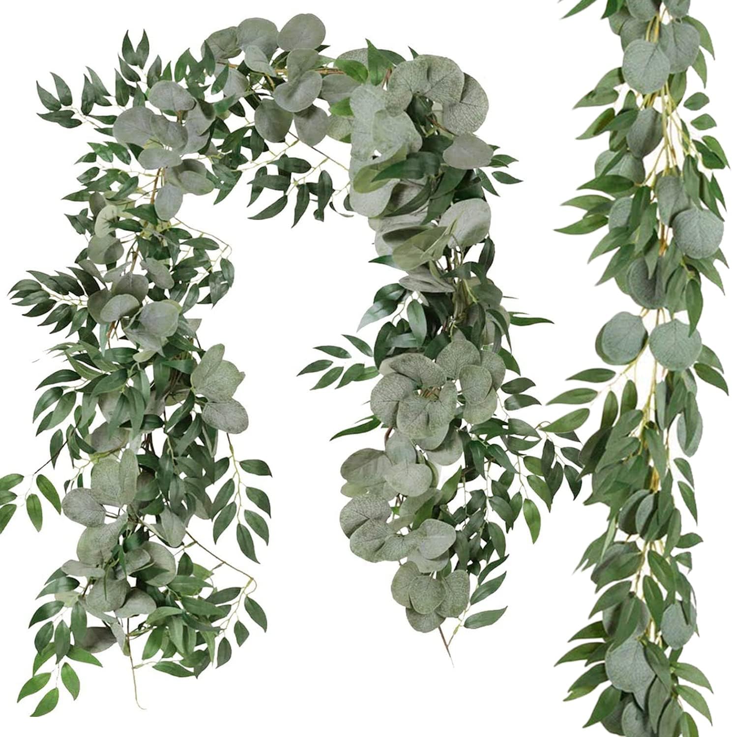 Cekene 2 Pack Artificial Eucalyptus Garlands with Willow Leaves 6.5Ft Fake Greenery Vines Faux Eucalyptus Leaves Table Runner Garland for Wedding Arch Backdrop Balcony DIY Decor