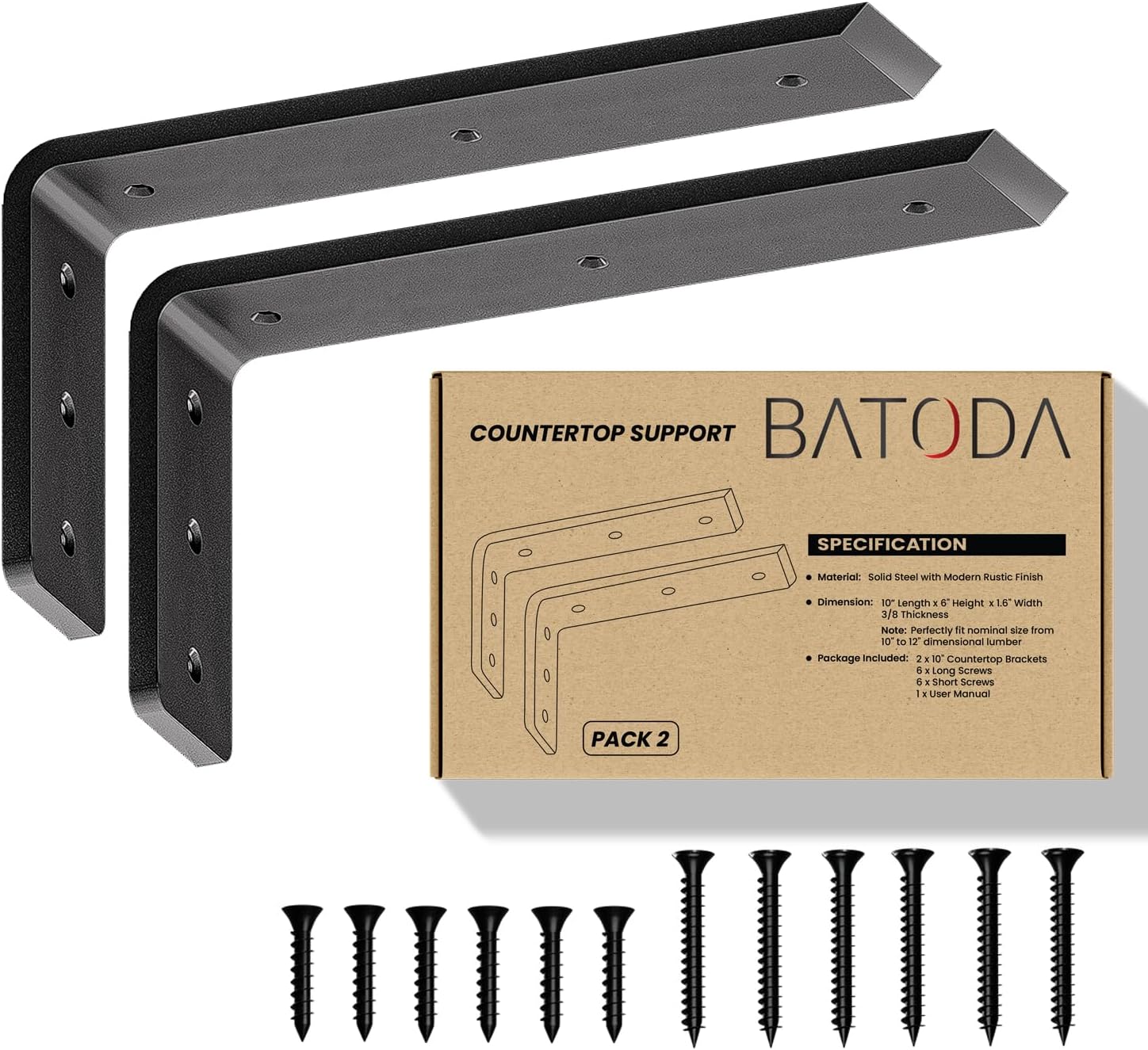 BATODA 12” Countertop Support Brackets for Granite (2 pcs) - Heavy Duty L Shelf Bracket - Wall Mounted Support for DIY Open Shelving – Blind Shelf Support - Shelving Mounting Hardware Included(Pack 2)