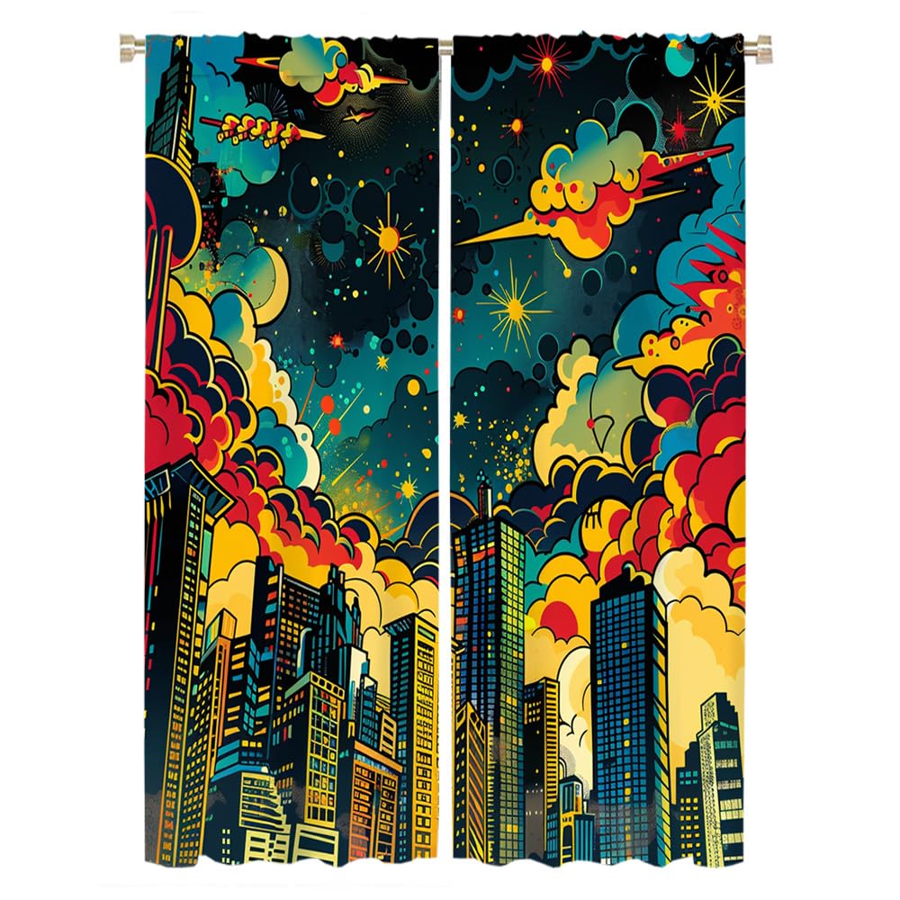 Denruny Cartoon Print Blackout Curtains for Bedroom Modern Watercolor Comics Style American City Graffiti Design Heat Insulating Blackout Curtains for
