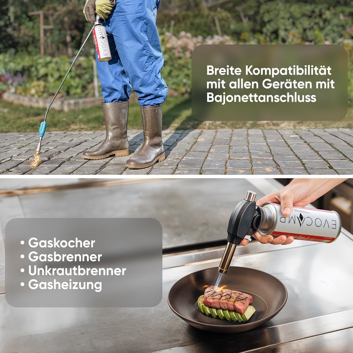 EVOCAMP 8x Stück Butan Gaskartuschen 227g Typ MSF-1a Bajonett Ventil ideal für Campingkocher, Gasheizung, Unkrautbrenner, Camping Gas Butangas Kartusche, Universaldruckgasdose für Camping und BBQ