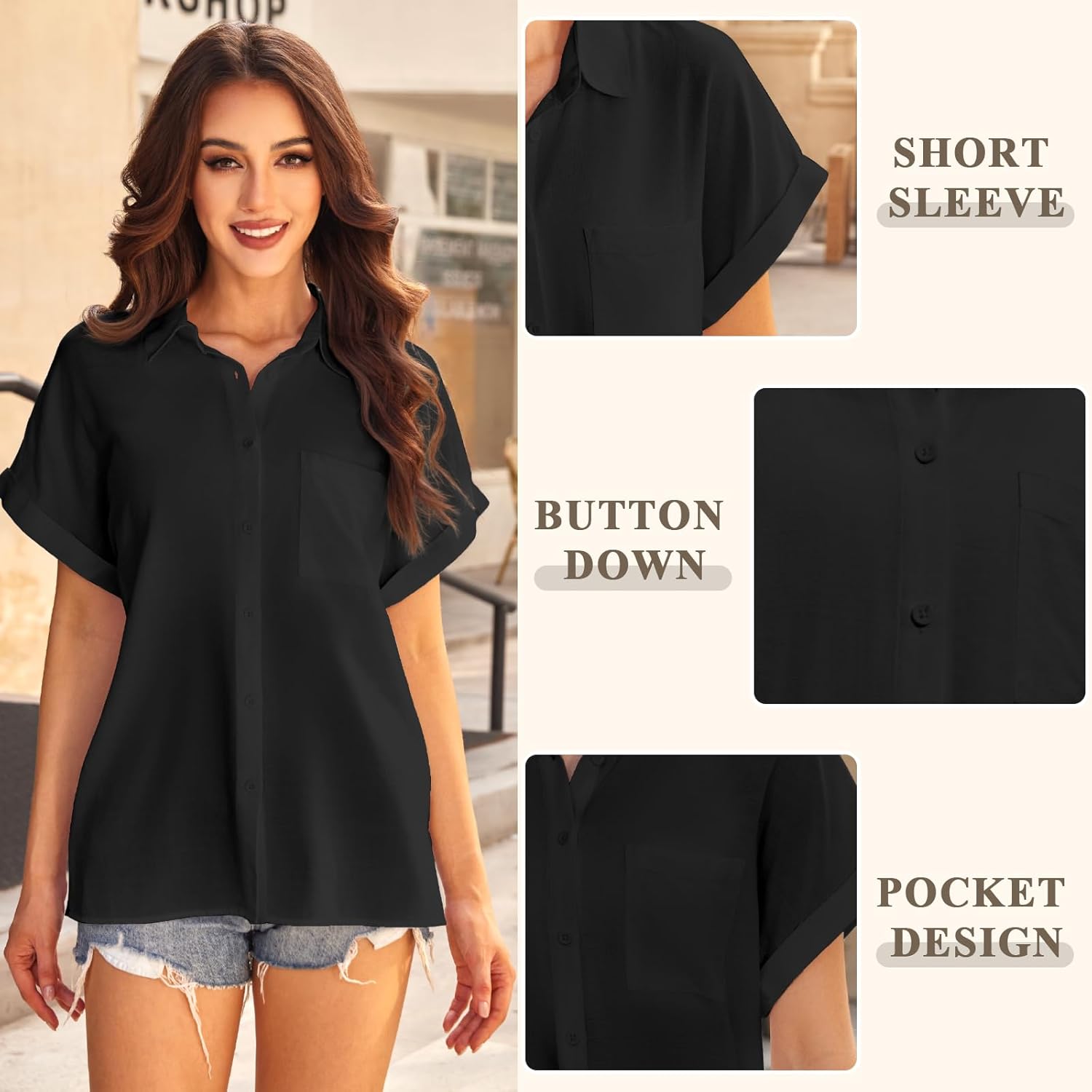 Womens Casual Cotton Linen Button Down Short Sleeve Shirts Solid Summer Beach Blouses Tops with Pocket - Image 5