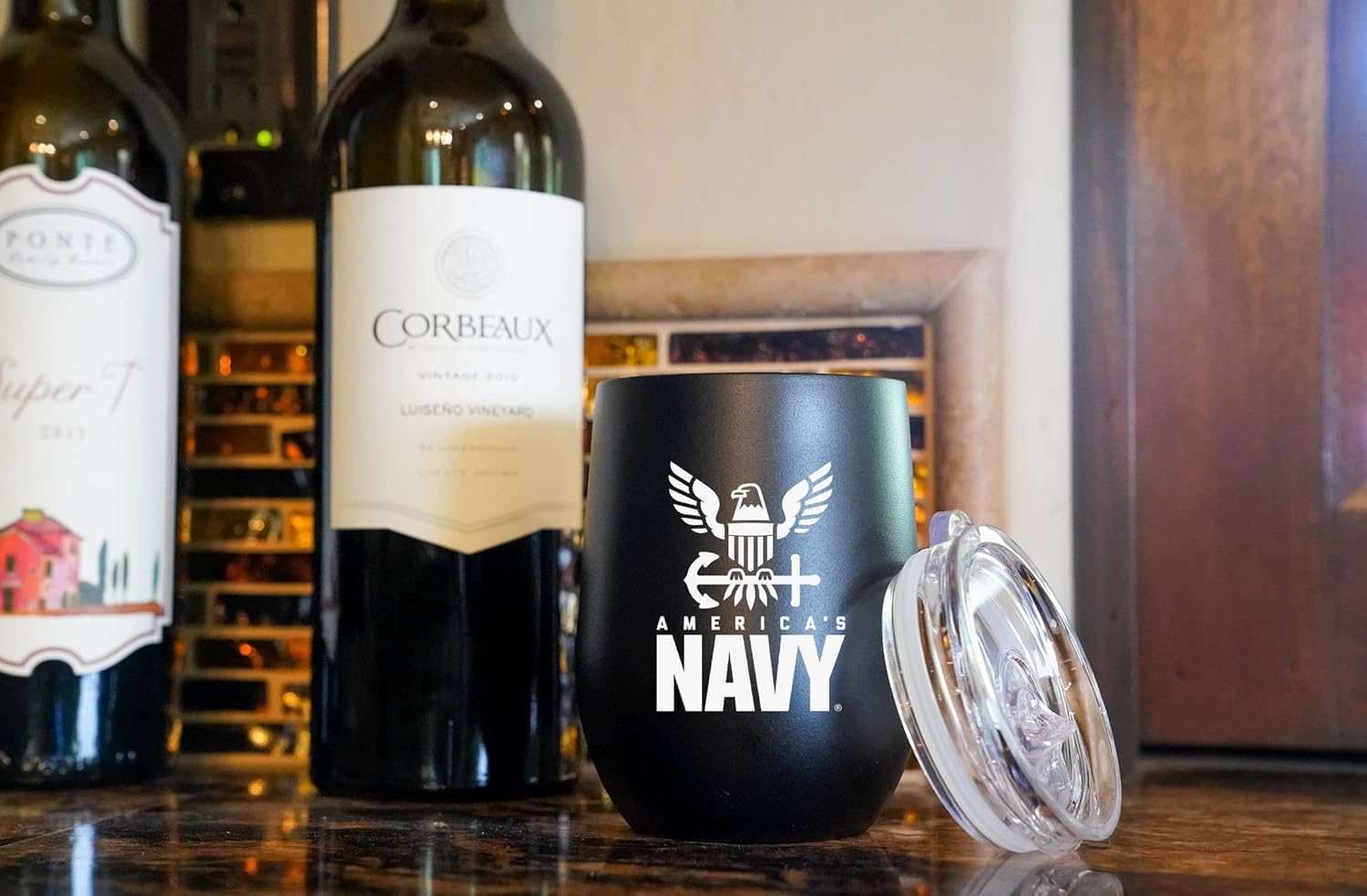 Military Gift Shop Navy Steel Stemless Outdoor Wine Glass Tumbler, 12 oz Double Wall Vacuum Insulated Whiskey Tumbler | Navy 12oz Wine - Image 3