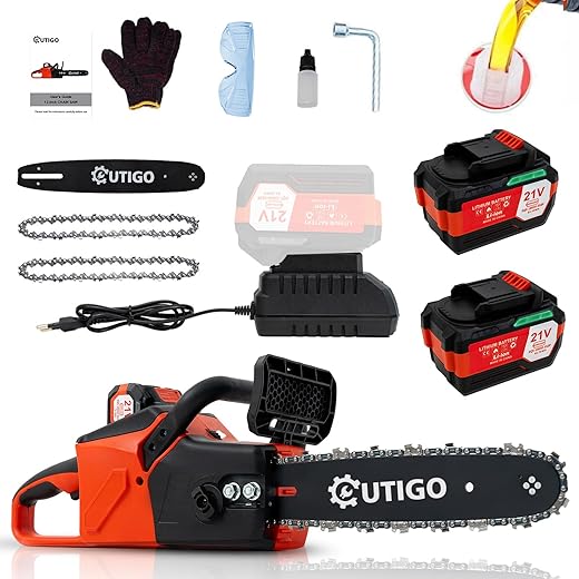Cordless Electric Chainsaw, 1000W Brushless Chainsaw 12-Inch with 2×4000mAh Batteries, 2 Replacement Chains & 1 Guide Bars & Charger