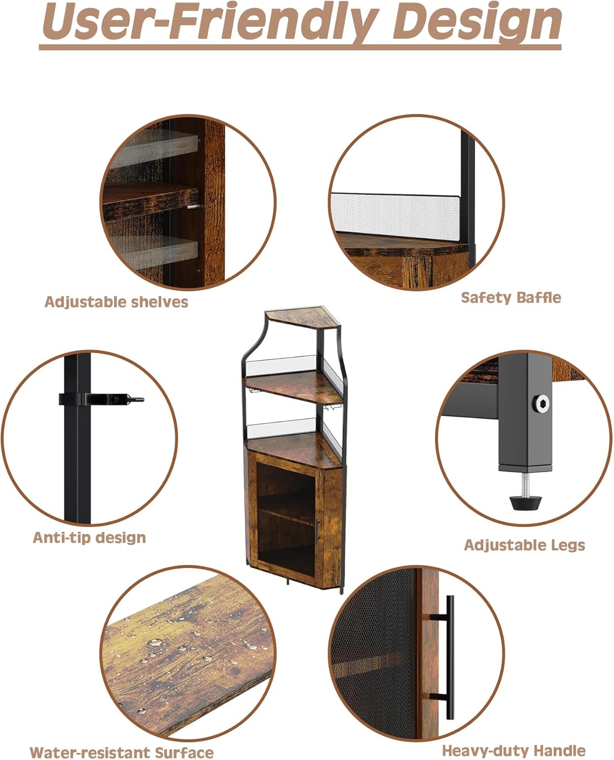 Diagram highlighting user-friendly design features of the PeacefulHues Small Liquor Cabinet.