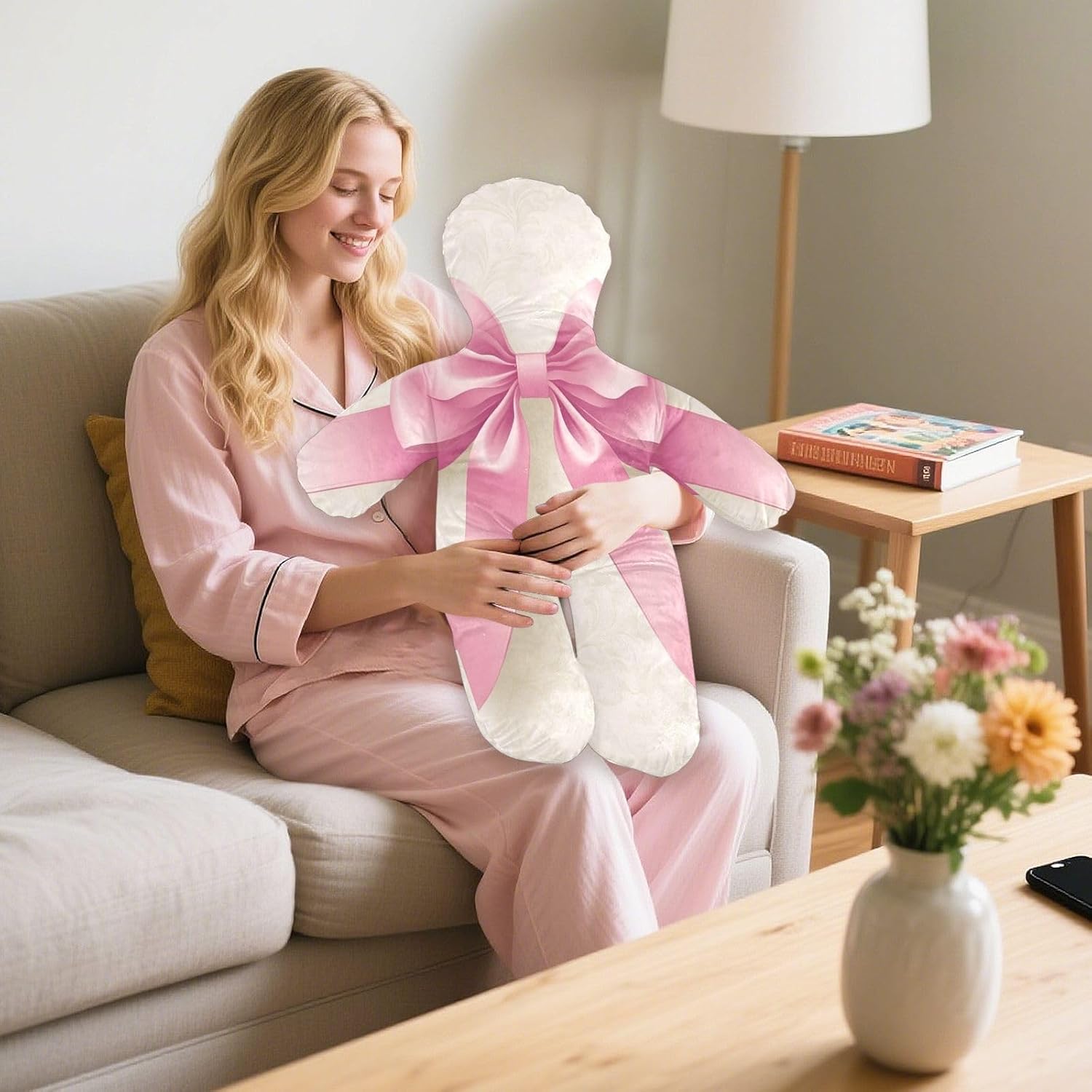 Pink Ribbon in A Bow Shape Human-Shaped Pillow Soft Body Pillows Washable Velvet Pillows for Anxiety Relief Sleeping Cuddling & Support