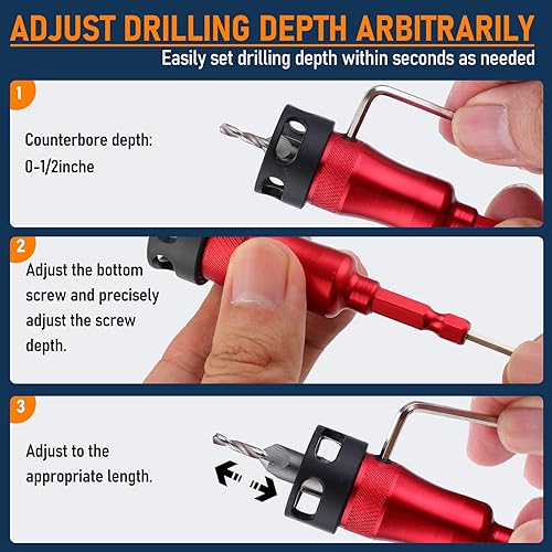 Miniatura 6 de Juego de brocas avellanadoras de metal 9 en 1 con tope de profundidad, 4 cabezales reversibles y piloto vertical ajustable, vástago hexagonal para